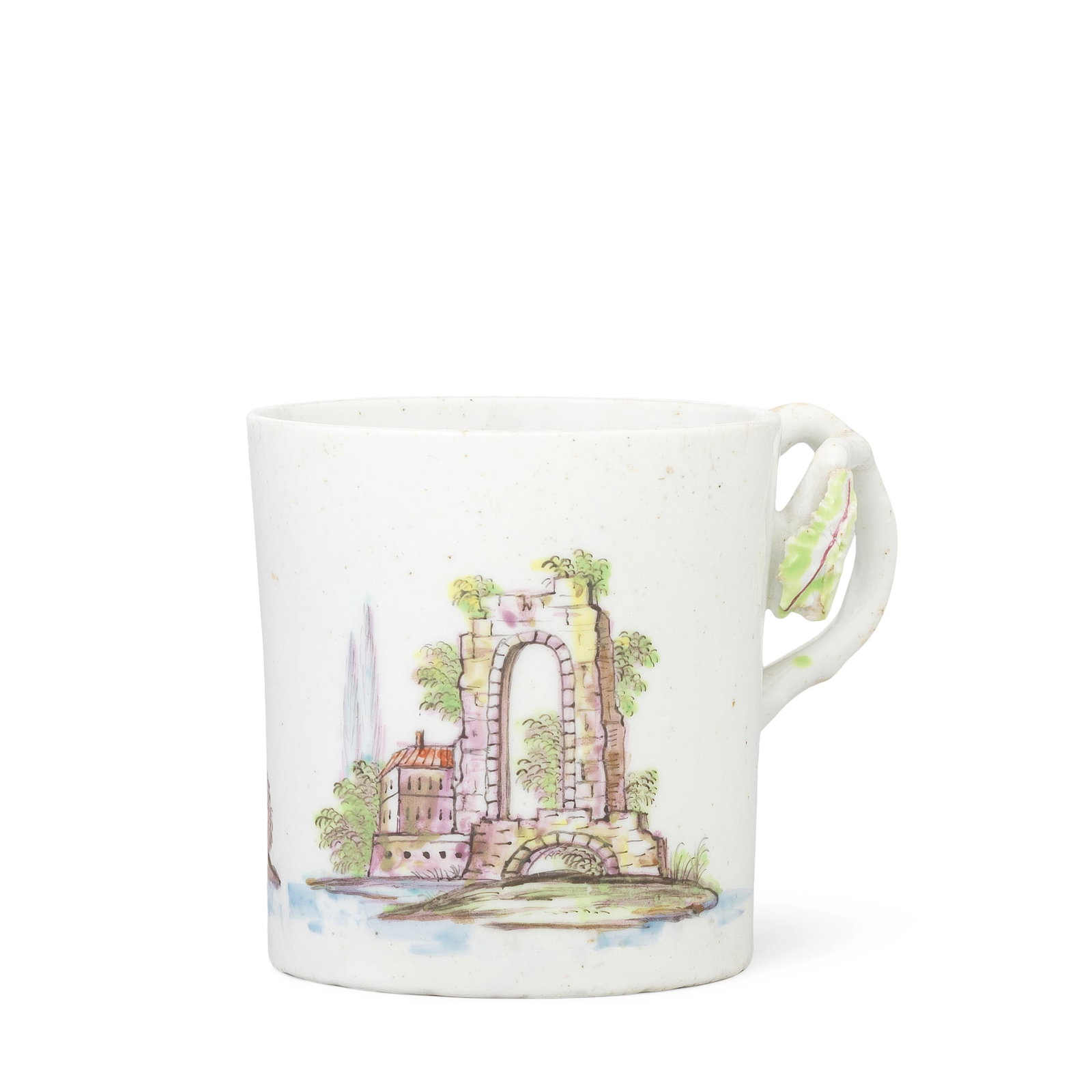 An attractive Longton Hall can, circa 1755: An attractive Longton Hall can, circa 1755 Of cylindrical shape, with a distinctive leaf and twig handle, painted in 'Castle Painter' style with colourful ruins and a bridge, a smaller island with an 