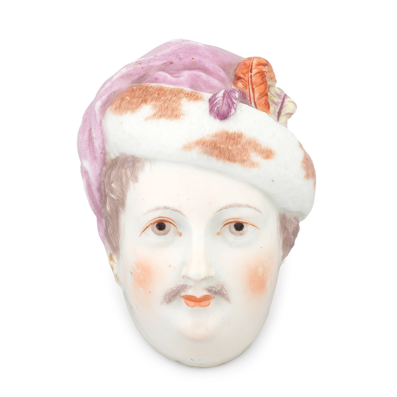 A rare Chelsea bonbonnière, circa 1755: A rare Chelsea bonbonnière, circa 1755 Modelled as the head of a Turkish gentleman, wearing a fur-lined turban with feathers, his moustachioed face delicately picked out in colours, the interior 