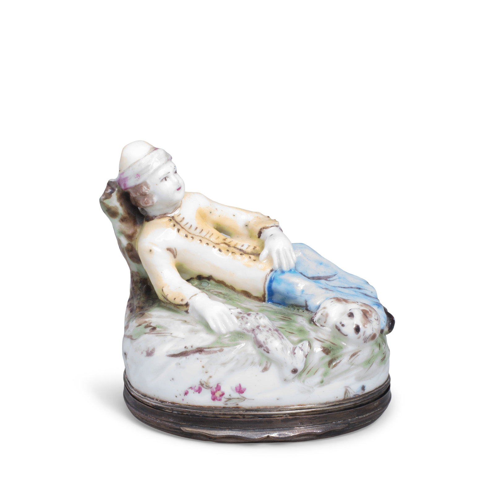 A Mennecy silver-mounted snuff box and cover in the shape of a hunter and his dog, circa 1750 (1 of 1)