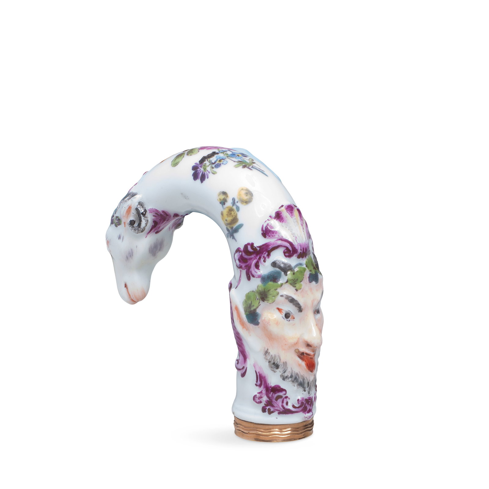 A Meissen gilt-metal mounted porcelain cane handle, possibly Meissen, mid 18th century (1 of 1)