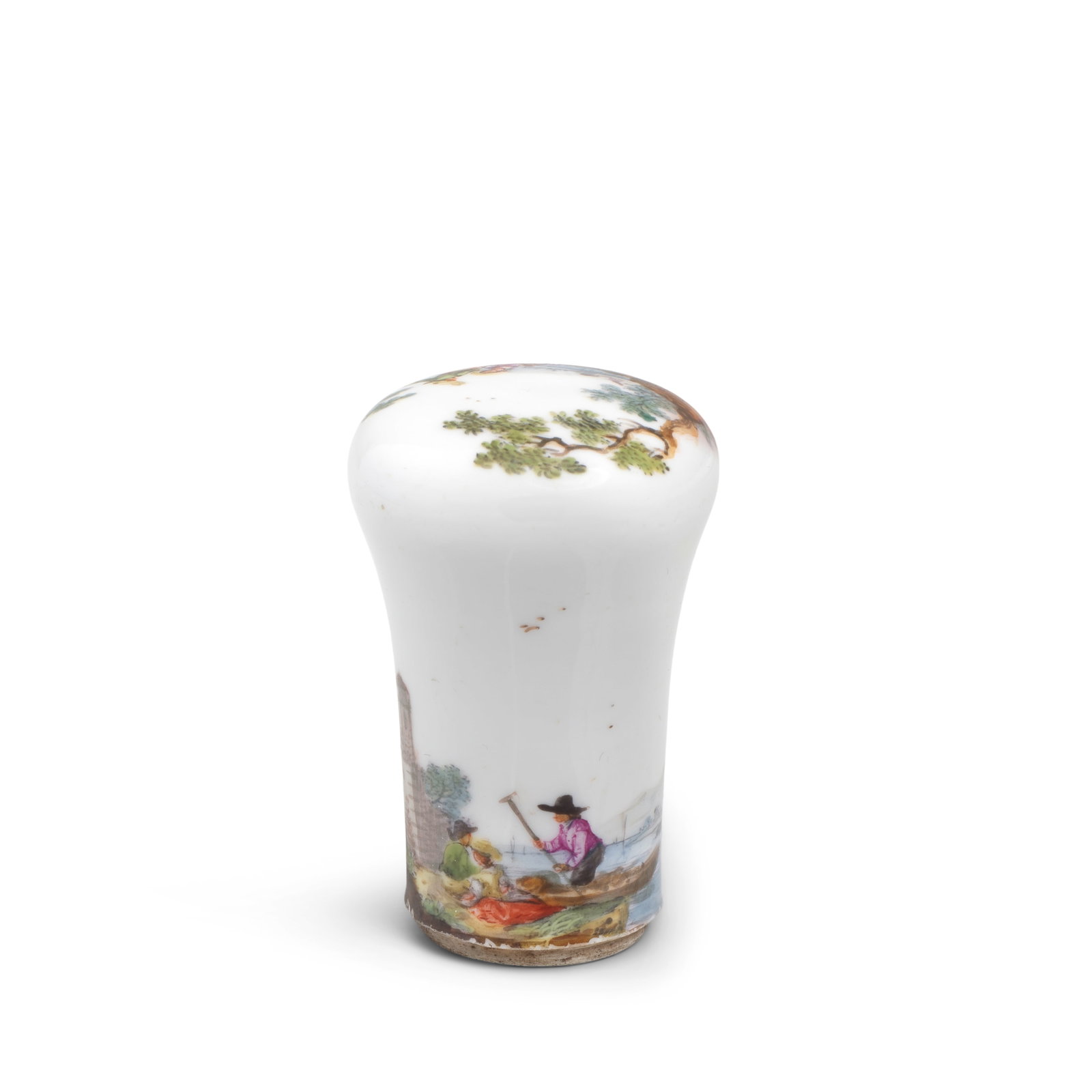 A German cane handle, possibly Fürstenberg, mid 18th century: A German cane handle, possibly Fürstenberg, mid 18th century Painted with a continuous figural landscape scene, a similar scene to the top, 5.3cm high Footnotes: Literature: White, Mary, Living a