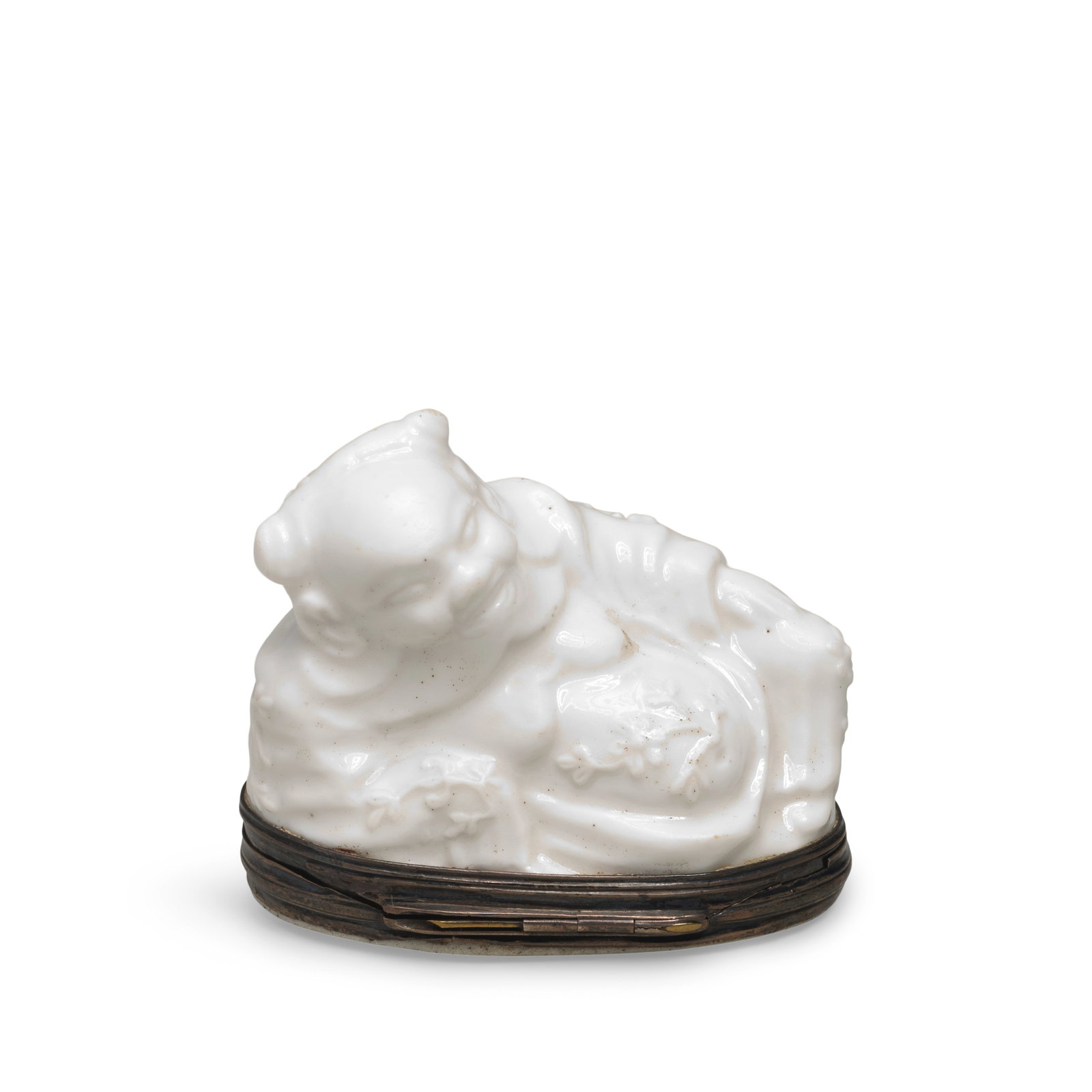 A Saint-Cloud silver-mounted white snuff box and cover in the shape of a Chinese immortal, circa... (1 of 1)
