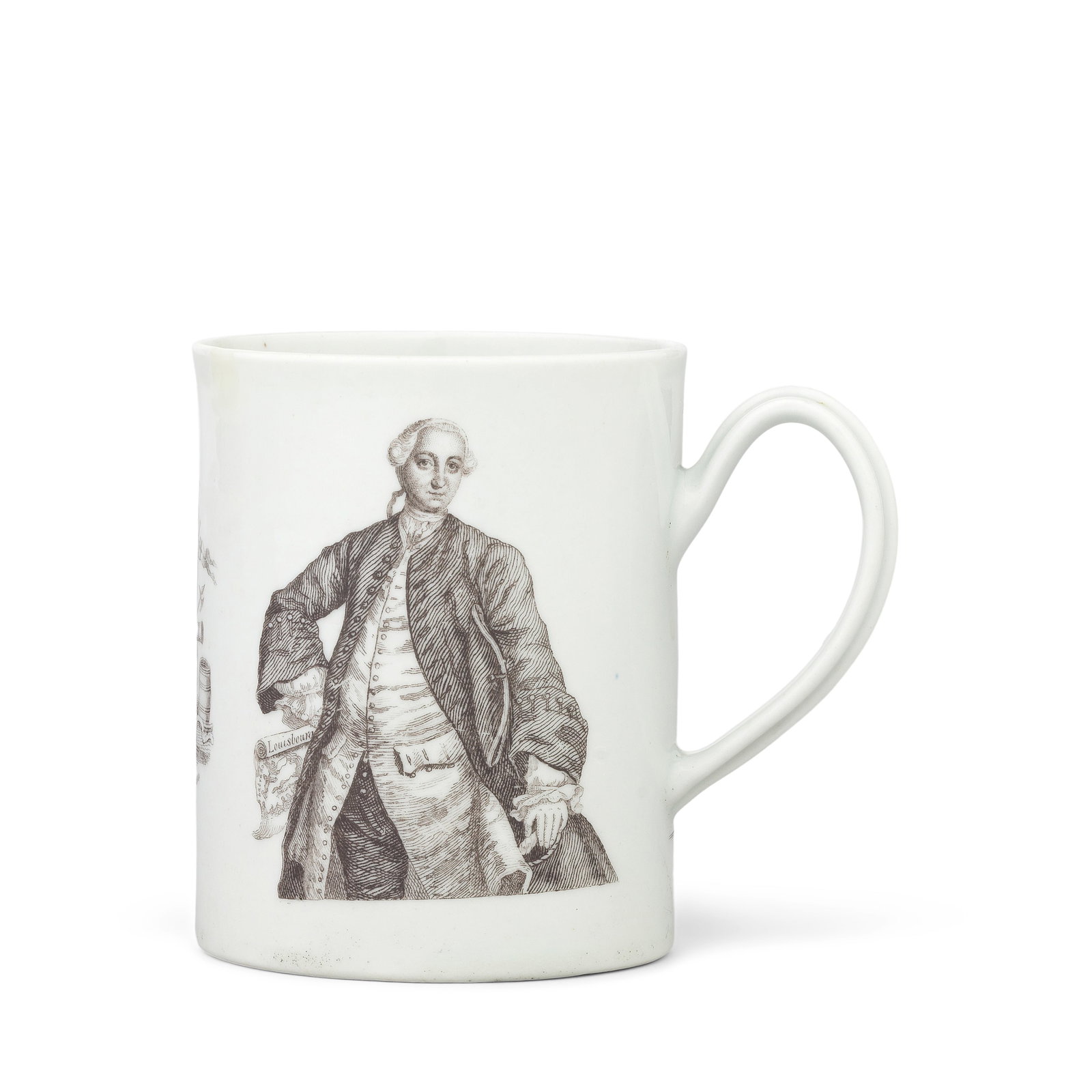 A Worcester mug, circa 1758-60: A Worcester mug, circa 1758-60 Of cylindrical form with a grooved handle, printed in black with a portrait of Admiral Edward Boscawen, his coat of arms, Boscawen impaling Glenville, the reverse with t
