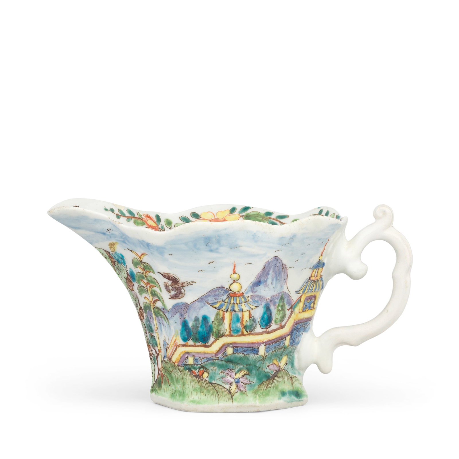 A Worcester 'Wigornia' creamboat, circa 1752-53: A Worcester 'Wigornia' creamboat, circa 1752-53 Of hexagonal shape crisply embossed with 'Moulding E', the continuous Chinese landscape carefully picked out in bright enamel colours, the front with tw