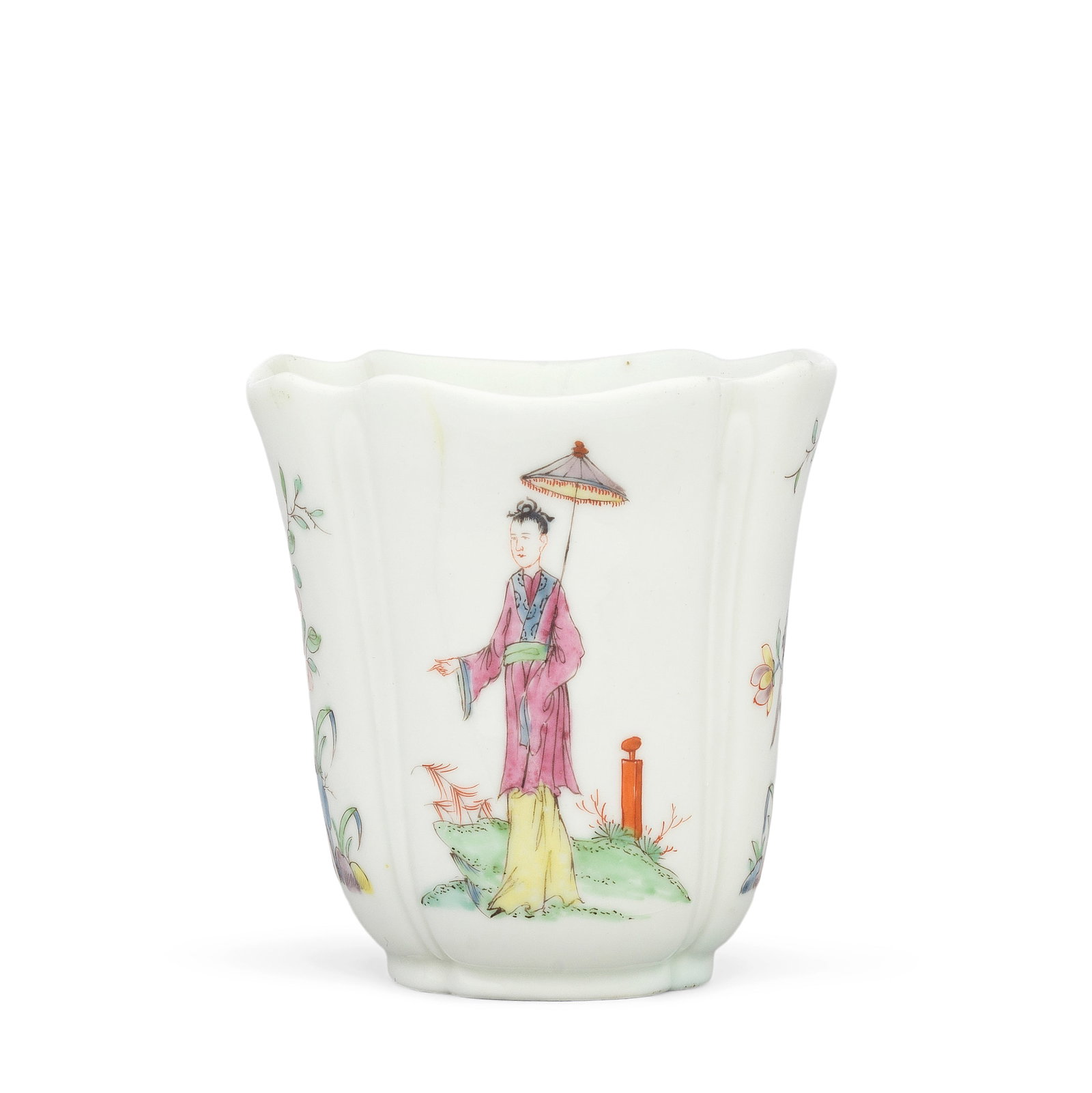 An early Worcester coffee cup, circa 1753: An early Worcester coffee cup, circa 1753 Of quatrelobed shape, the double-scroll handle with a curled thumbrest, delicately painted with a 'Long Eliza' figure holding a parasol, the side panels with 