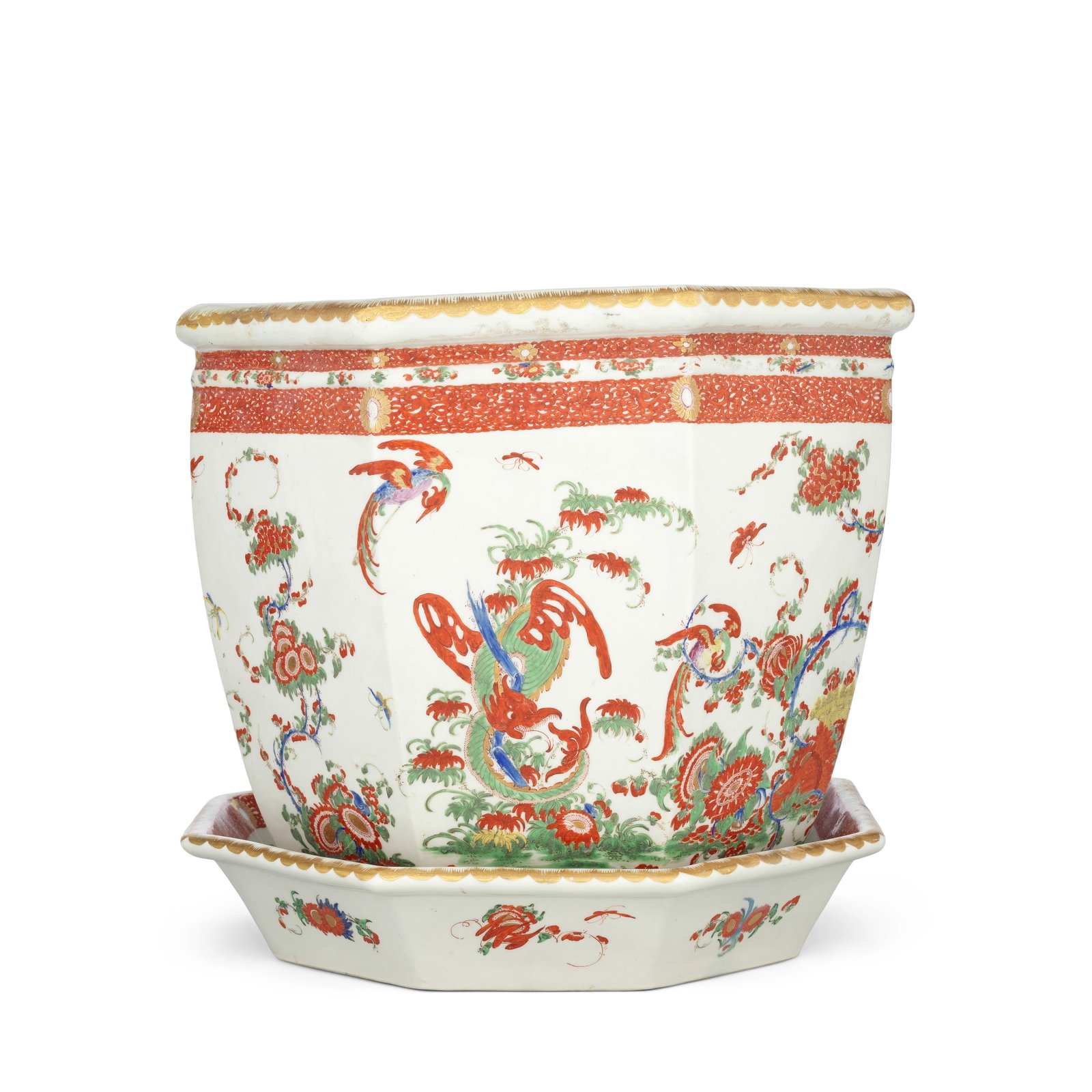 A very rare Worcester jardinière and stand, circa 1765-68: A very rare Worcester jardinière and stand, circa 1765-68 Of tapered octagonal shape, finely painted in 'Rich Japan' style with a dragon-like creature coiled around a bamboo stalk, flanked by col