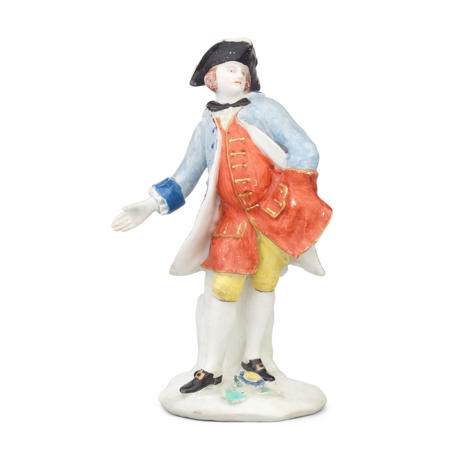 A very rare Bow figure of a gallant, circa 1755-58: A very rare Bow figure of a gallant, circa 1755-58 Perhaps an actor, modelled standing by a tree stump in an animated pose, gesturing with his right arm, his left hand tucked into his waistcoat, weari