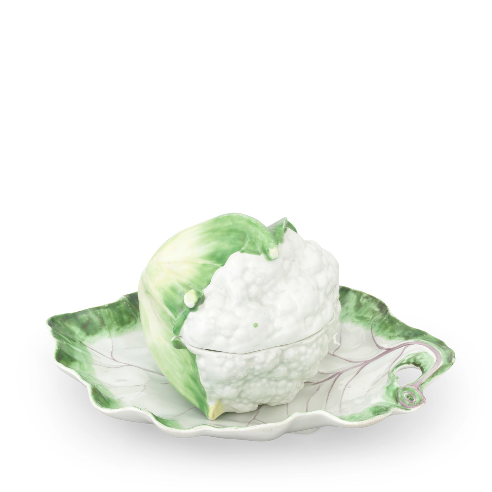 A fine Worcester cauliflower tureen and cover and a stand, circa 1757-60: A fine Worcester cauliflower tureen and cover and a stand, circa 1757-60 Naturalistically modelled, the florets left white and enclosed by leaves painted in shades of green and pale yellow, the stand 