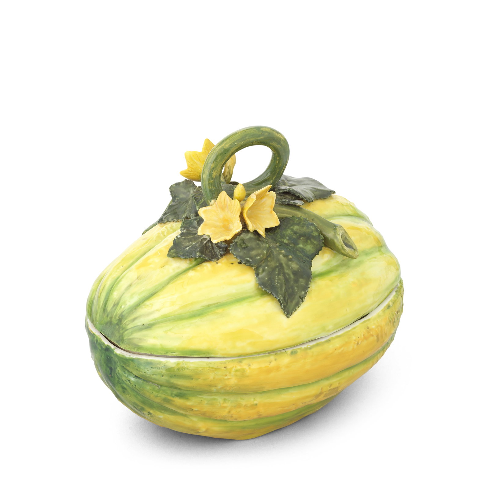 A Chelsea melon tureen and cover, circa 1755: A Chelsea melon tureen and cover, circa 1755 Naturalistically modelled as a large melon, the handle formed from a curling stalk issuing pointed leaves and yellow flowers, delicately painted in shades 