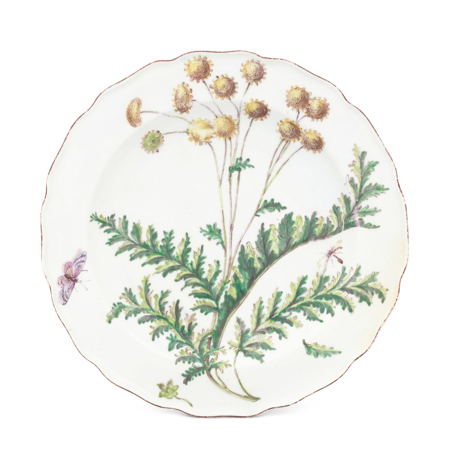 A Chelsea 'Hans Sloane' botanical plate, circa 1755-57: A Chelsea 'Hans Sloane' botanical plate, circa 1755-57 Of silver-shape, painted in enamel colours with a full spray of Achillea or 'Sneezewort', a single floret, a leaf and a butterfly and second inse