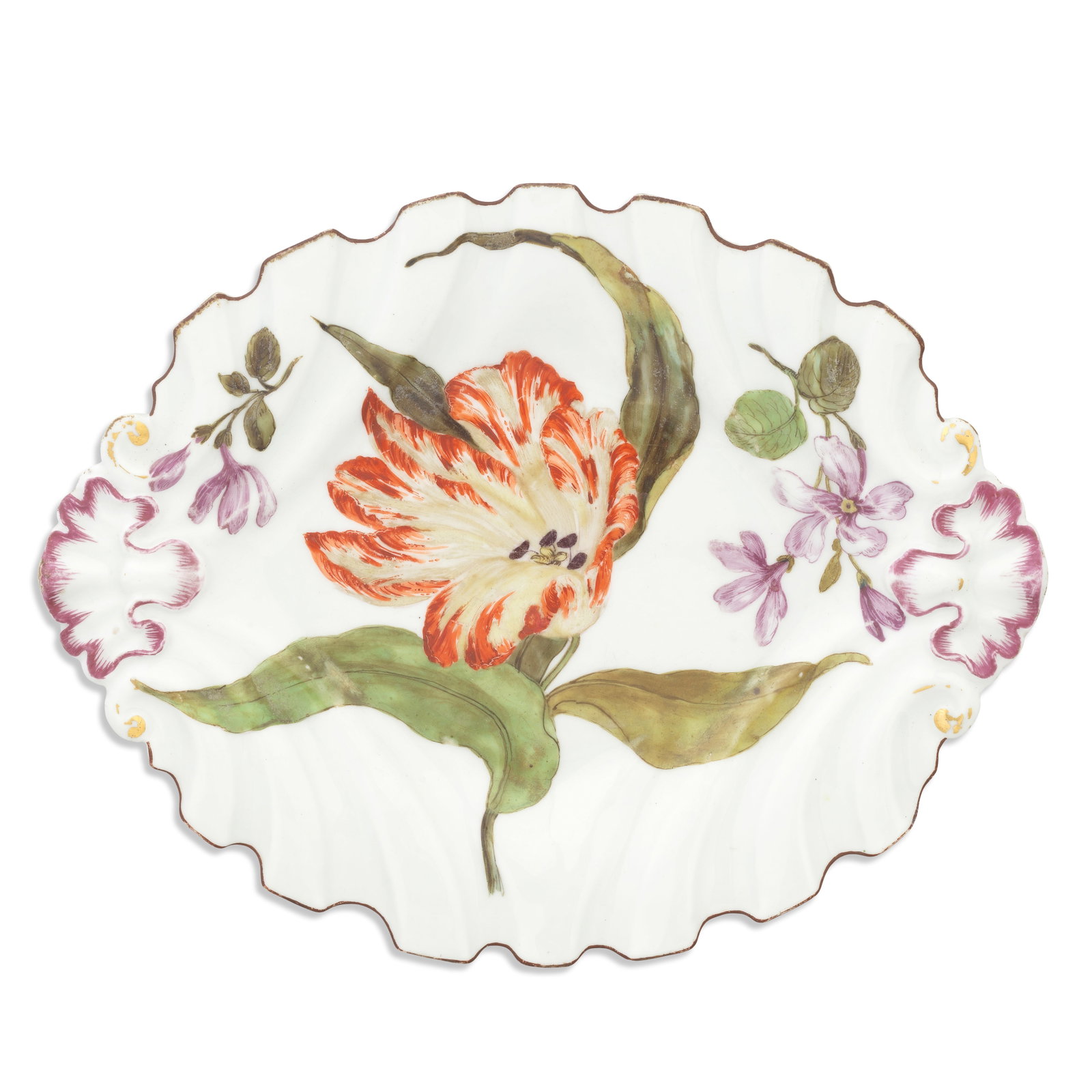 A Chelsea botanical dish, circa 1760: A Chelsea botanical dish, circa 1760 Of silver-shape, the sharply moulded rim picked out in brown, with two shell handles painted in puce and gold, painted with a large variegated tulip, its windblown