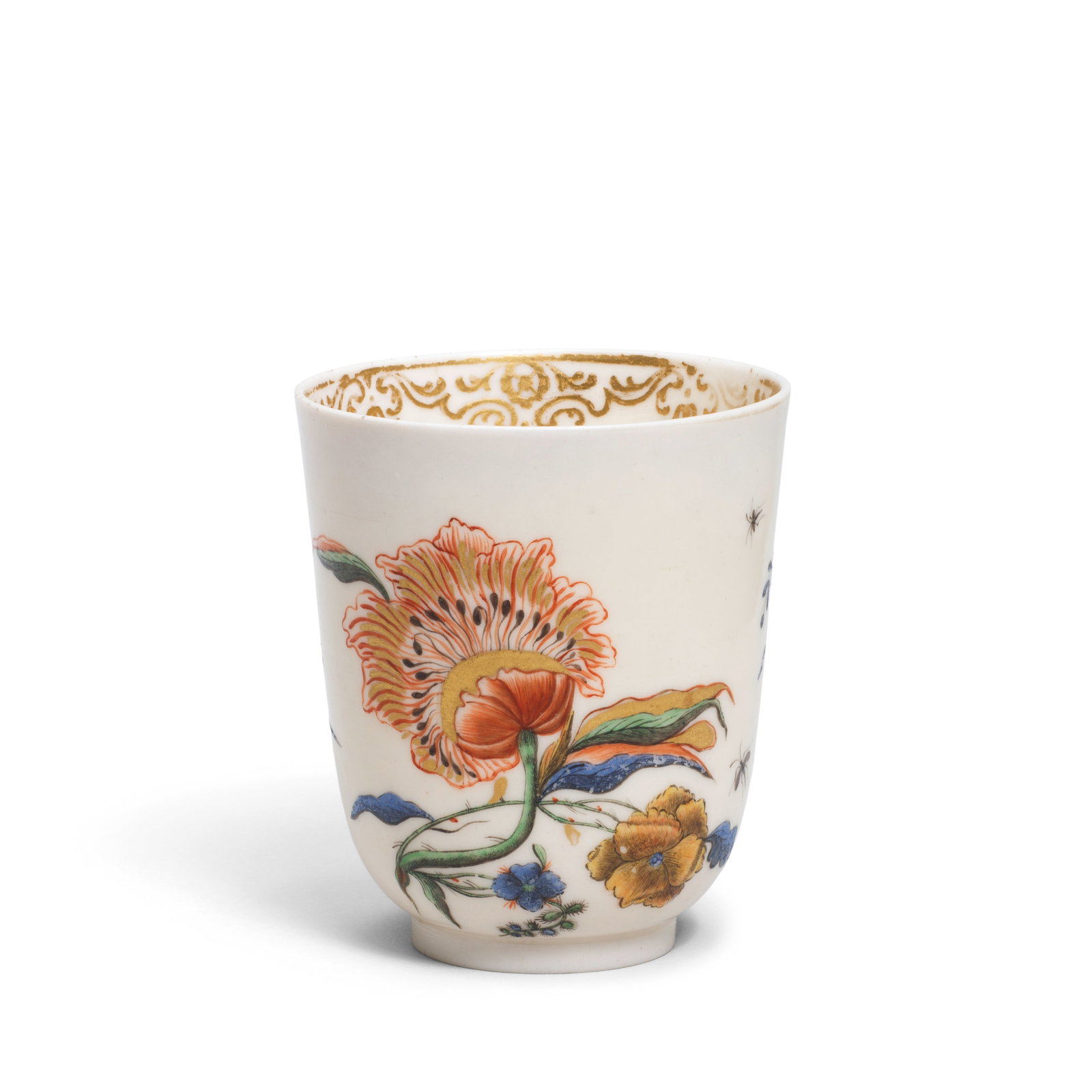 A Capodimonte cup, circa 1750: A Capodimonte cup, circa 1750 Painted with fiori coreani or Oriental-style flowers surrounded by small insects, the interior with an an elaborate gilt scrollwork border, 7.6cm high, fleur-de-lys mark 