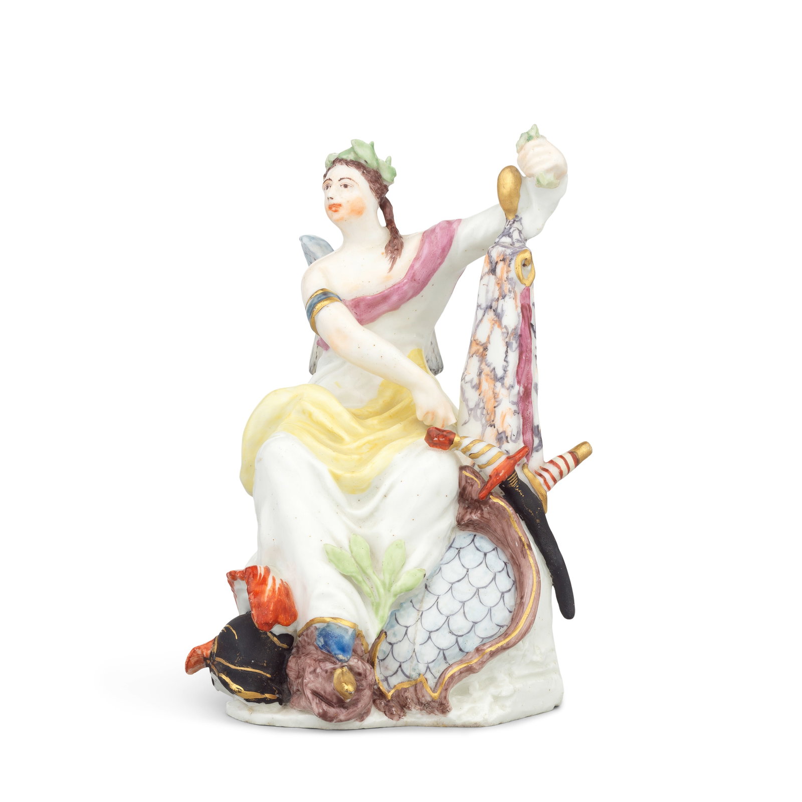 A Bow figure of a muse, probably Calliope, circa 1750-54: A Bow figure of a muse, probably Calliope, circa 1750-54 By the 'Muses Modeller', the winged lady seated with her arm around a marbled obelisk to her left, wearing white and yellow robes with a puce n