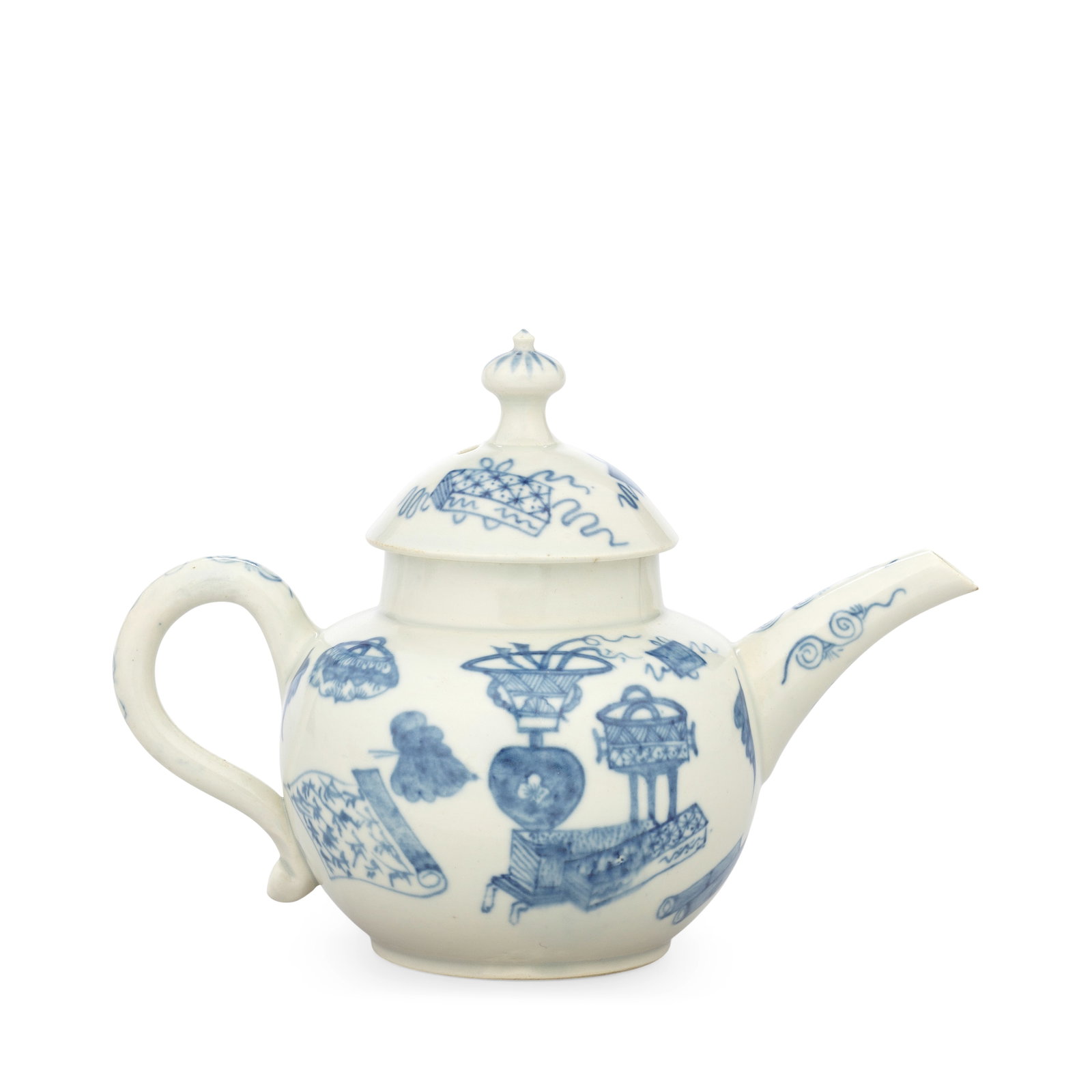 An important Limehouse teapot and cover, circa 1746-48: An important Limehouse teapot and cover, circa 1746-48 Of attractive small size, the slightly compressed globular form with a straight spout and a plain handle with a curled lower terminal, painted in