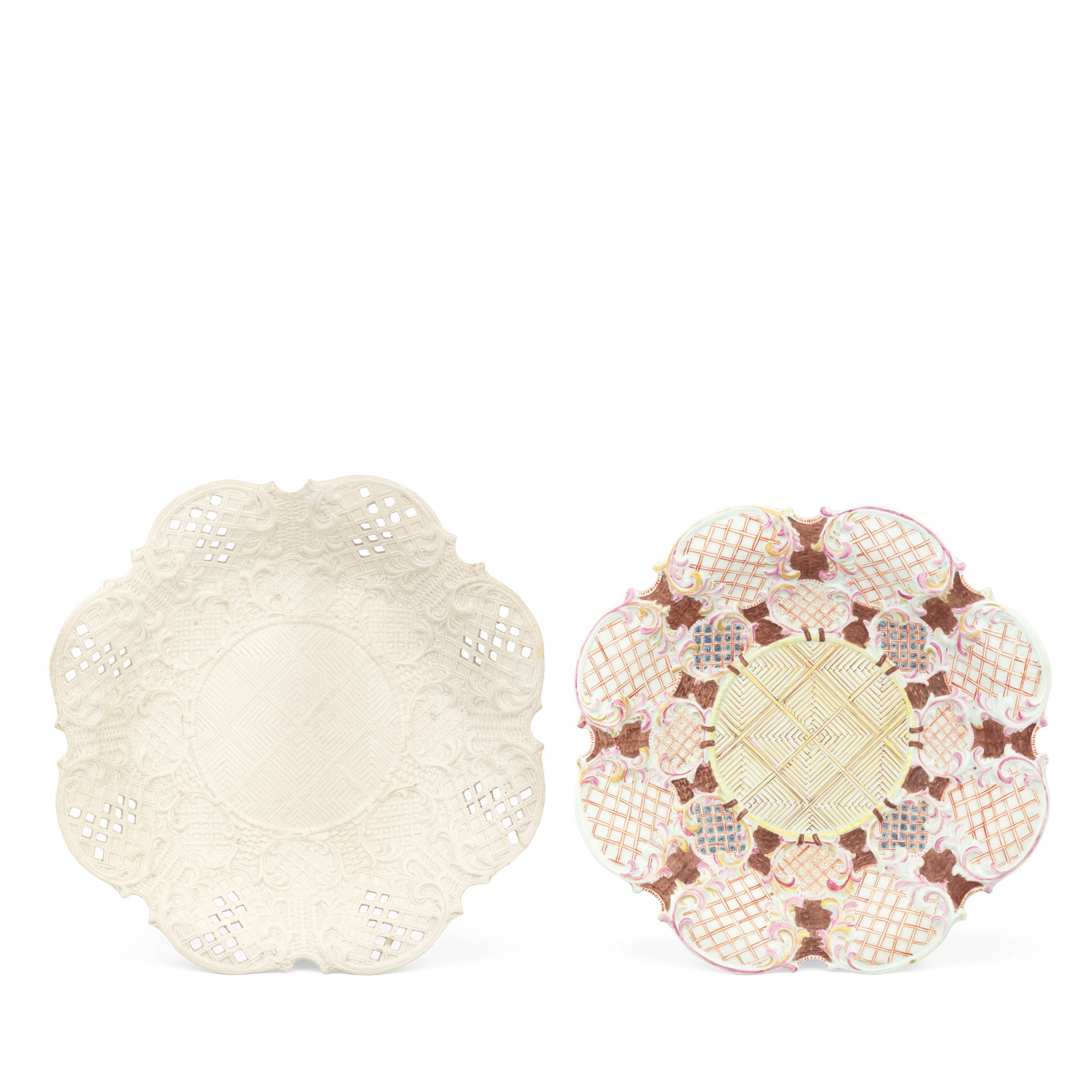 A Vauxhall plate, circa 1755-56: A Vauxhall plate, circa 1755-56 Of exuberant rococo press-moulded form with trellis and scroll borders, a similar design repeated in miniature around the cavetti, the centres with a complex basketweav