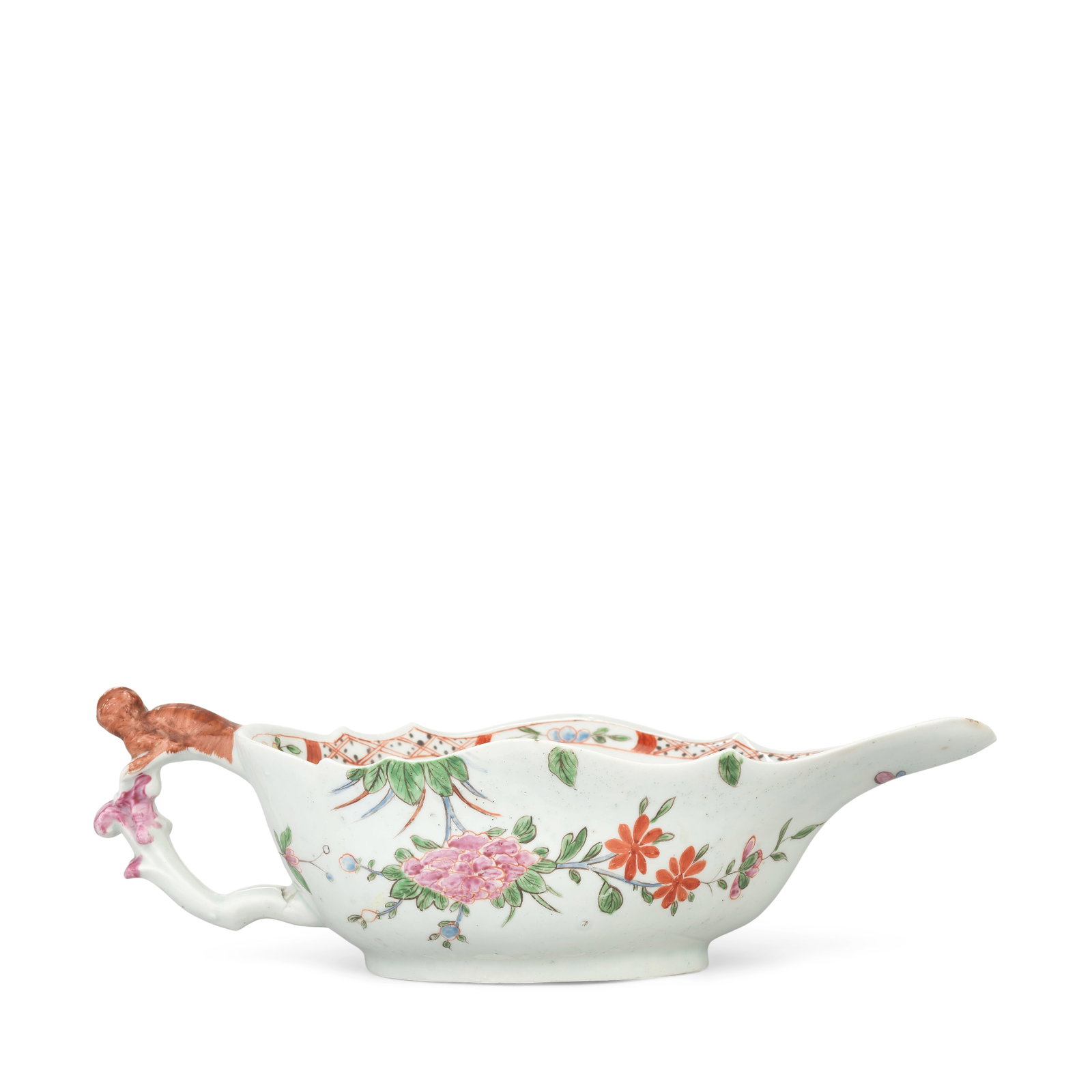A remarkable Vauxhall sauceboat, circa 1755-56: A remarkable Vauxhall sauceboat, circa 1755-56 Of low form with a shaped rim, the thumbrest of the rustic scroll handle unusually modelled as a reclining monkey picked out in brown, finely painted in 