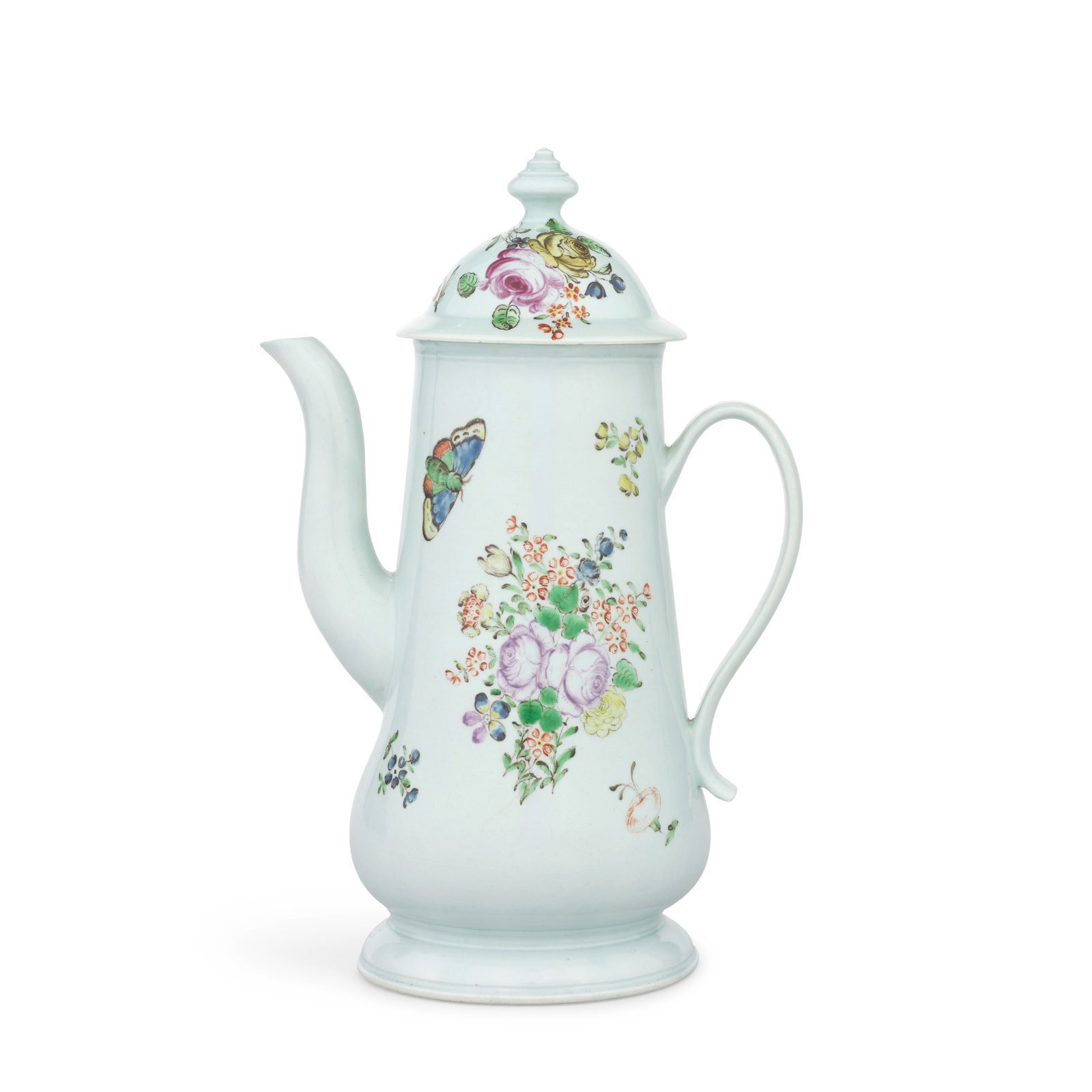 A Liverpool (Richard Chaffers) coffee pot and cover, circa 1756-60: A Liverpool (Richard Chaffers) coffee pot and cover, circa 1756-60 Of baluster shape with a plain spout and simple strap handle, painted with colourful sprays and sprigs of flowers, two butterflies in