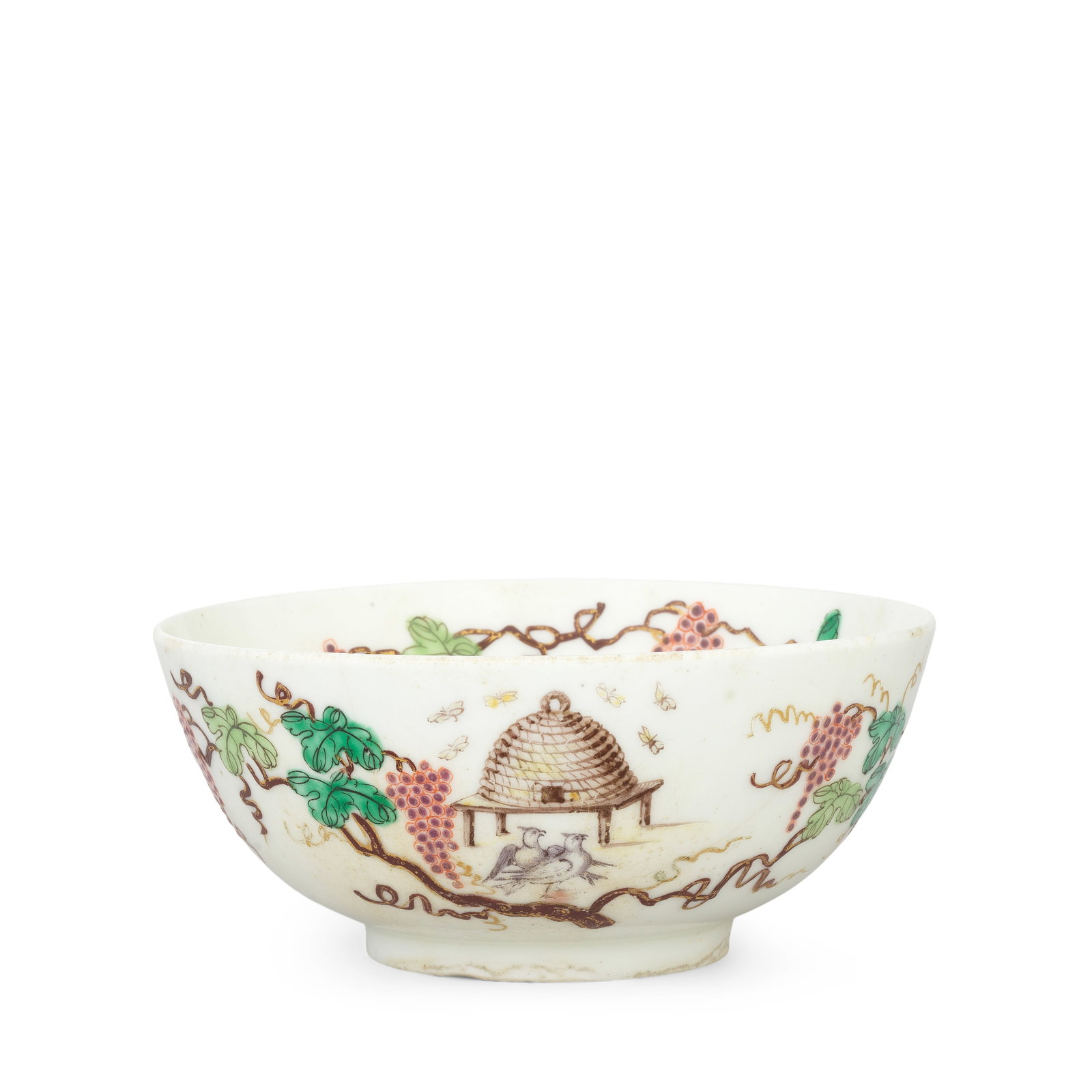 A rare Bow bowl, circa 1752: A rare Bow bowl, circa 1752 Painted with a pair of courting doves before a beehive or skep resting on a table, surrounded by bees in flight, flanked by trailing branches of fruiting vine with leaves i