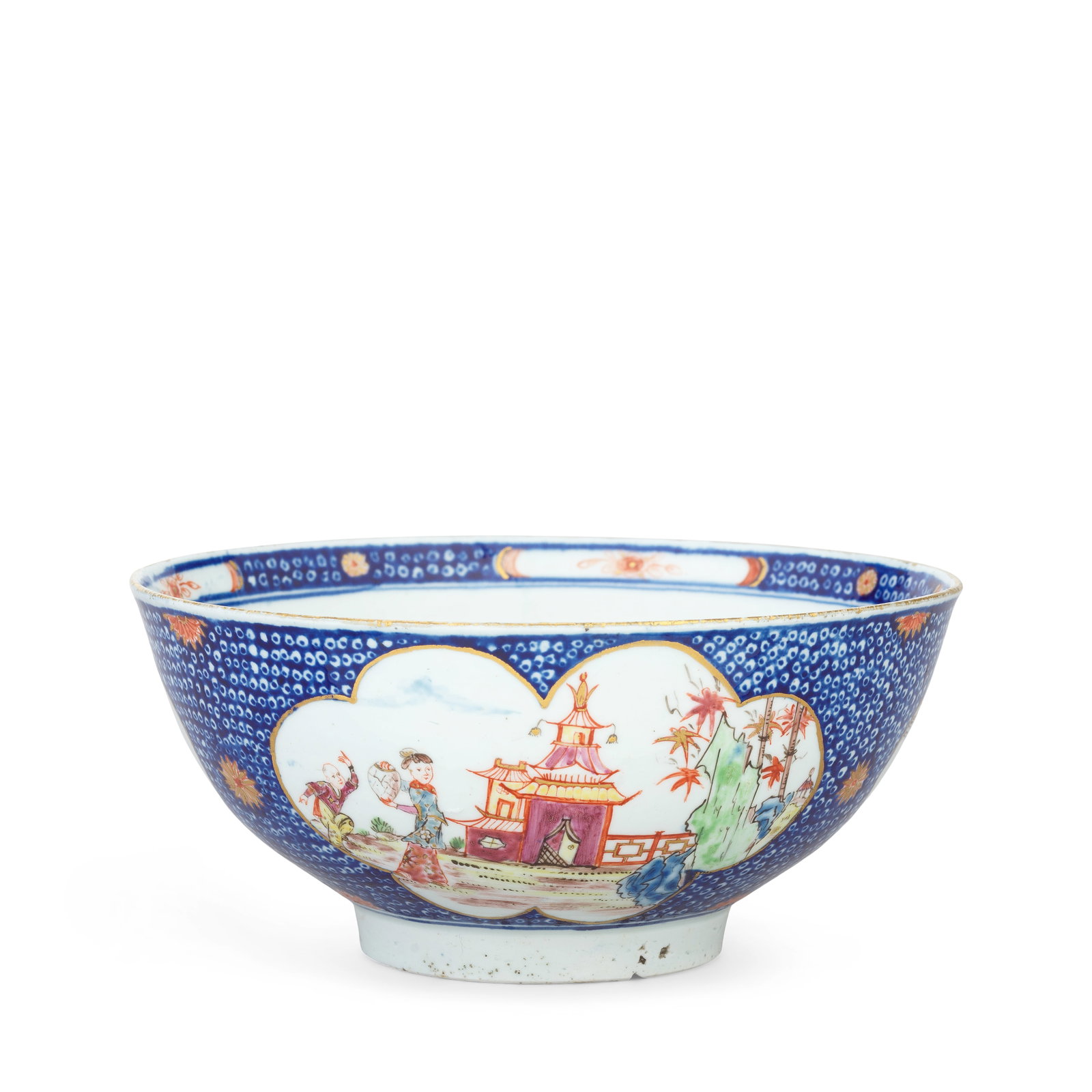 A important documentary Vauxhall bowl, dated 1757: A important documentary Vauxhall bowl, dated 1757 The blue 'fish roe' ground reserved with three lobed panels with gilt borders, each finely painted with brightly coloured chinoiserie landscapes incor