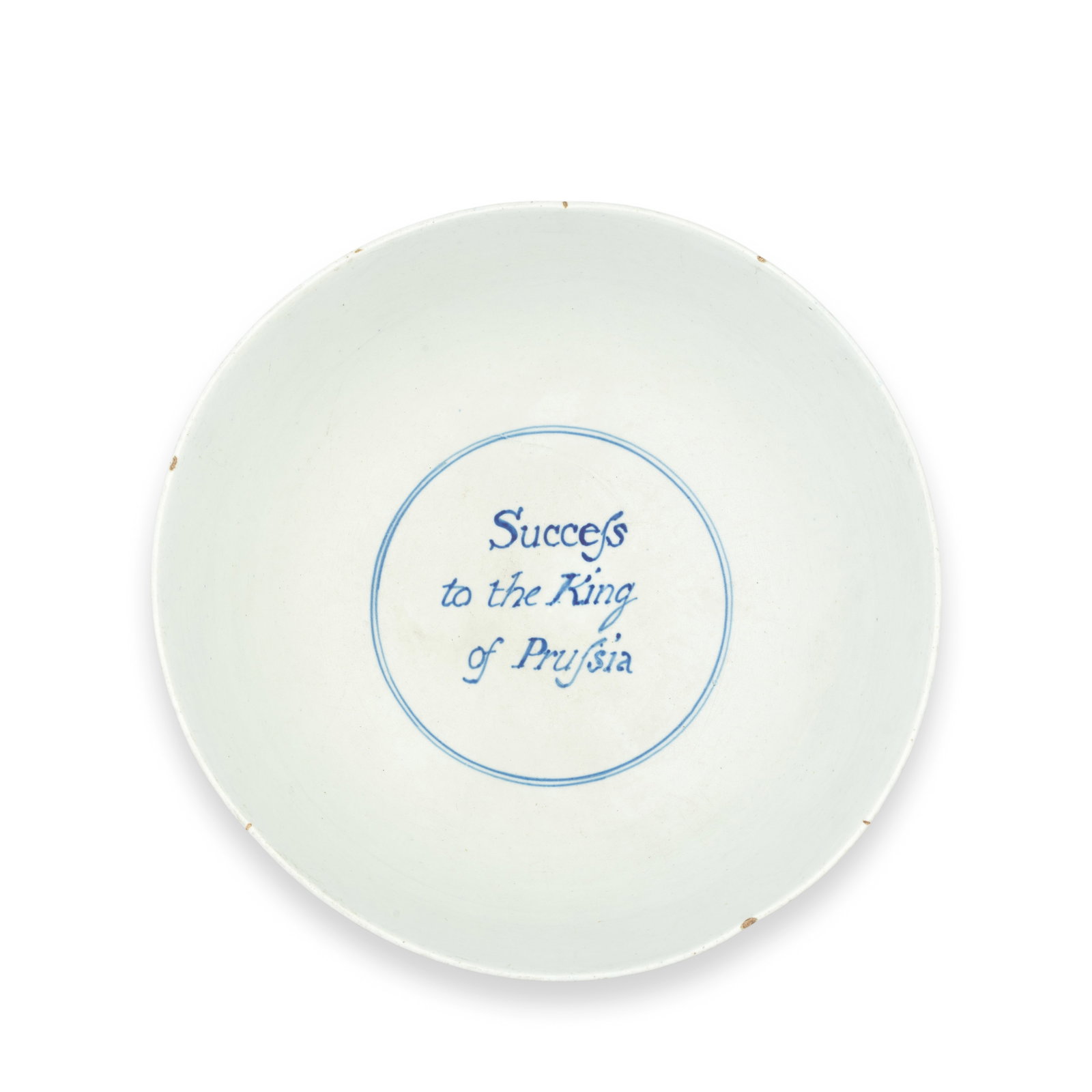 A rare Vauxhall bowl, circa 1758: A rare Vauxhall bowl, circa 1758 Painted in bright 'sticky blue' with a continuous Chinese landscape incorporating a man pointing from behind a fence and another crouching before it, the interior insc