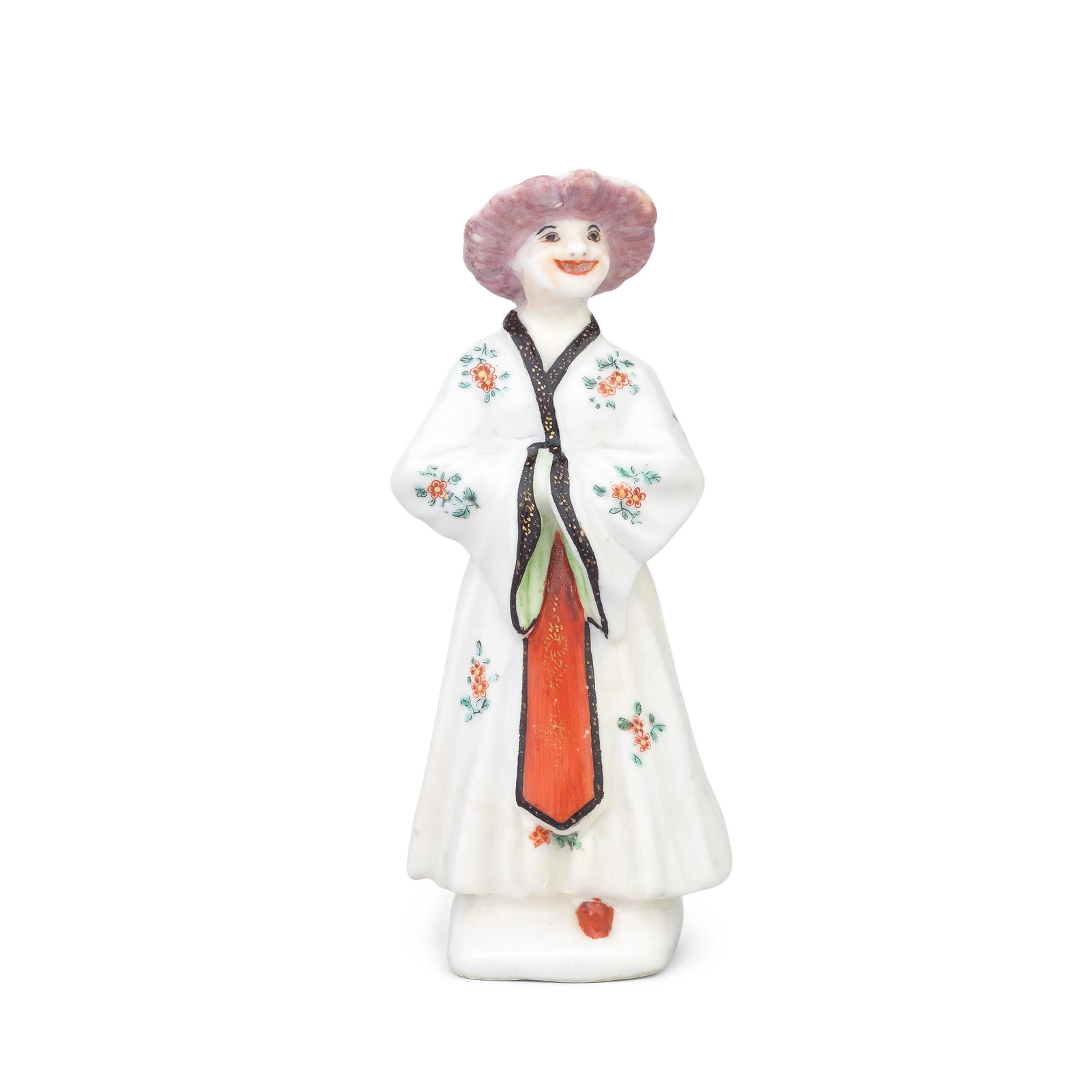 A very rare Chelsea figure of a Chinese gentleman, circa 1750-52: A very rare Chelsea figure of a Chinese gentleman, circa 1750-52 Modelled standing with a smiling expression, his head turned slightly to one side, wearing a wide-brimmed conical hat lined in pink, hi
