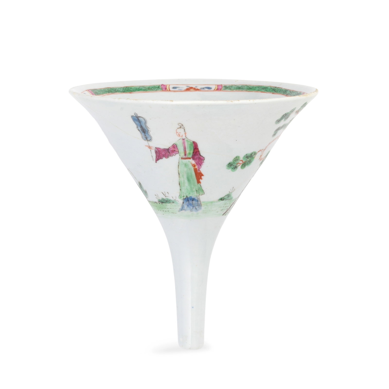 A rare Worcester wine funnel, circa 1754: A rare Worcester wine funnel, circa 1754 Of 'Scratch Cross' type and plain conical form, finely painted in Chinese style with the 'Snake in a Basket' pattern of a 'Long Eliza' figure holding a fan, st