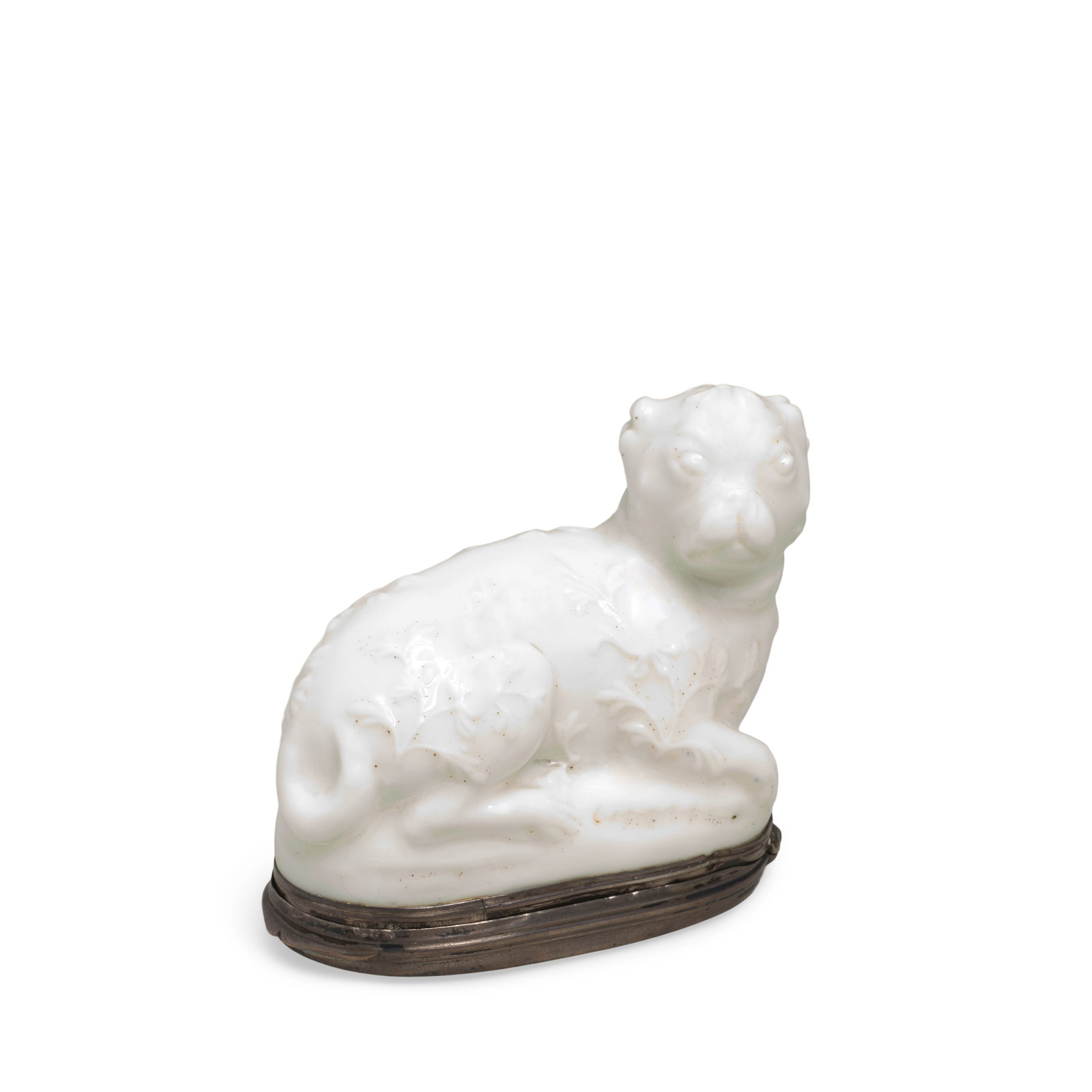A Mennecy silver-mounted white snuff box and cover in the shape of a pug dog, circa 1750 (1 of 1)