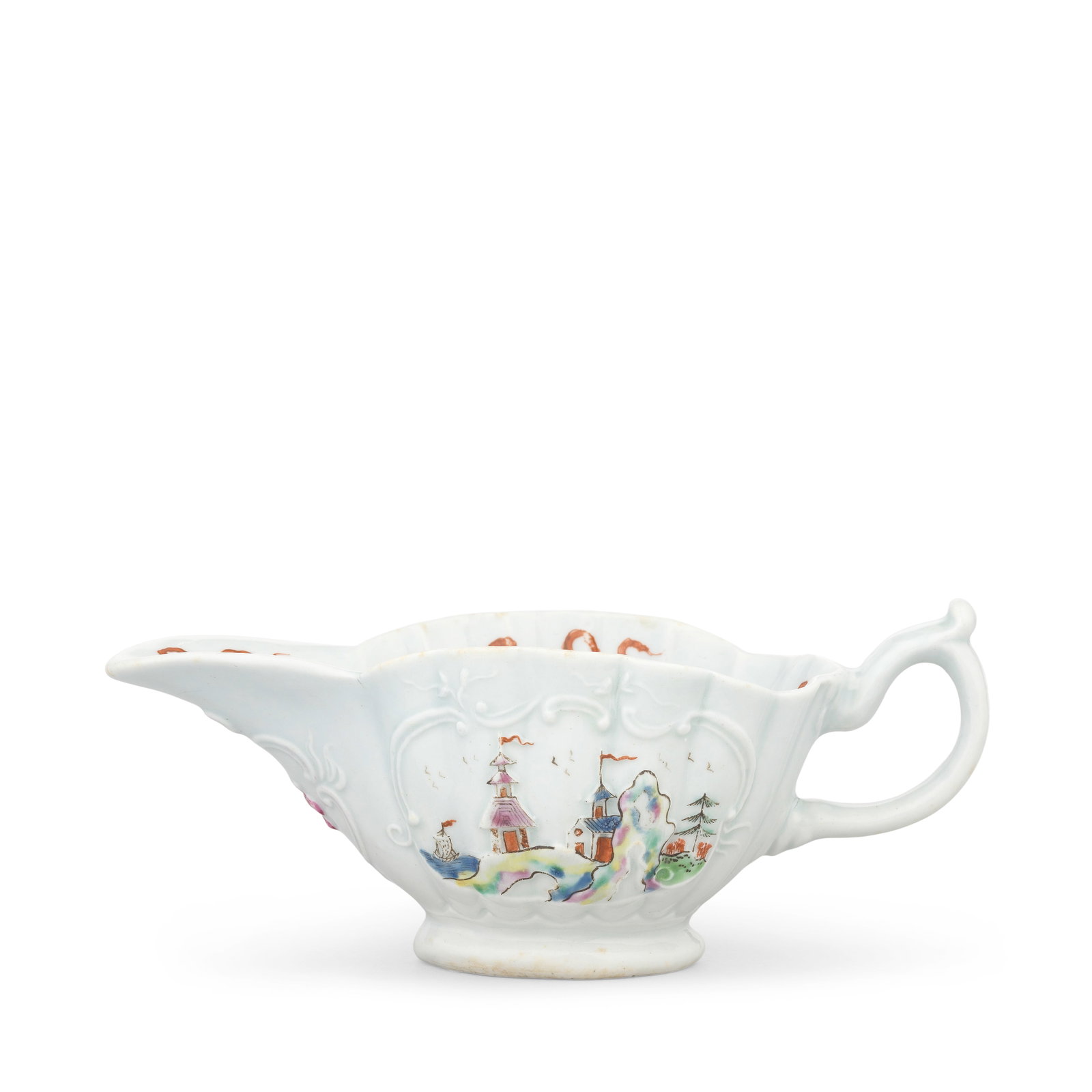 A Worcester creamboat or small sauceboat, circa 1753-54: A Worcester creamboat or small sauceboat, circa 1753-54 Of shallow lobed form, crisply moulded in relief with Chinese landscapes, a pagoda flying a pennant beside another building by trees, a ship sai
