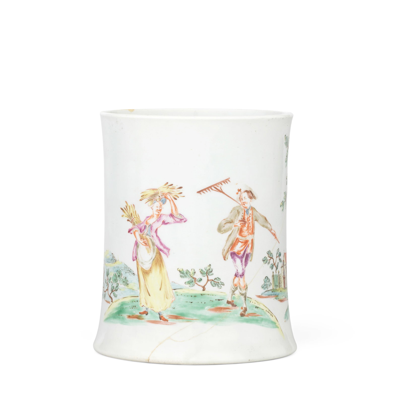 An important Worcester mug, circa 1754: An important Worcester mug, circa 1754 Of 'Scratch Cross' type, with a gently spreading base and grooved strap handle, enamelled in fine detail with a scene of harvesters, their faces reddened by a lo