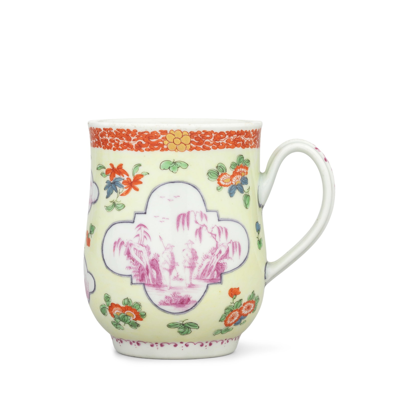 An attractive Worcester mug, circa 1758-60: An attractive Worcester mug, circa 1758-60 Of bell shape, with a grooved loop handle, each side with an elaborate chinoiserie landscape painted in puce monochrome within the quatrefoil panels, reserve