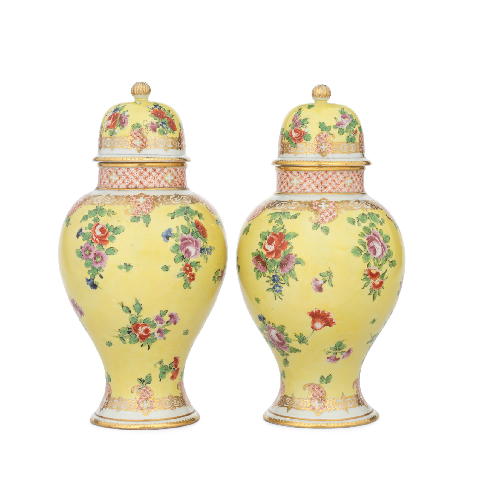 A rare pair of Champion's Bristol vases and covers, circa 1772-75: A rare pair of Champion's Bristol vases and covers, circa 1772-75 Of baluster form, painted with colourful sprays and scattered sprigs of flowers including roses in red and puce, all on a bright yello