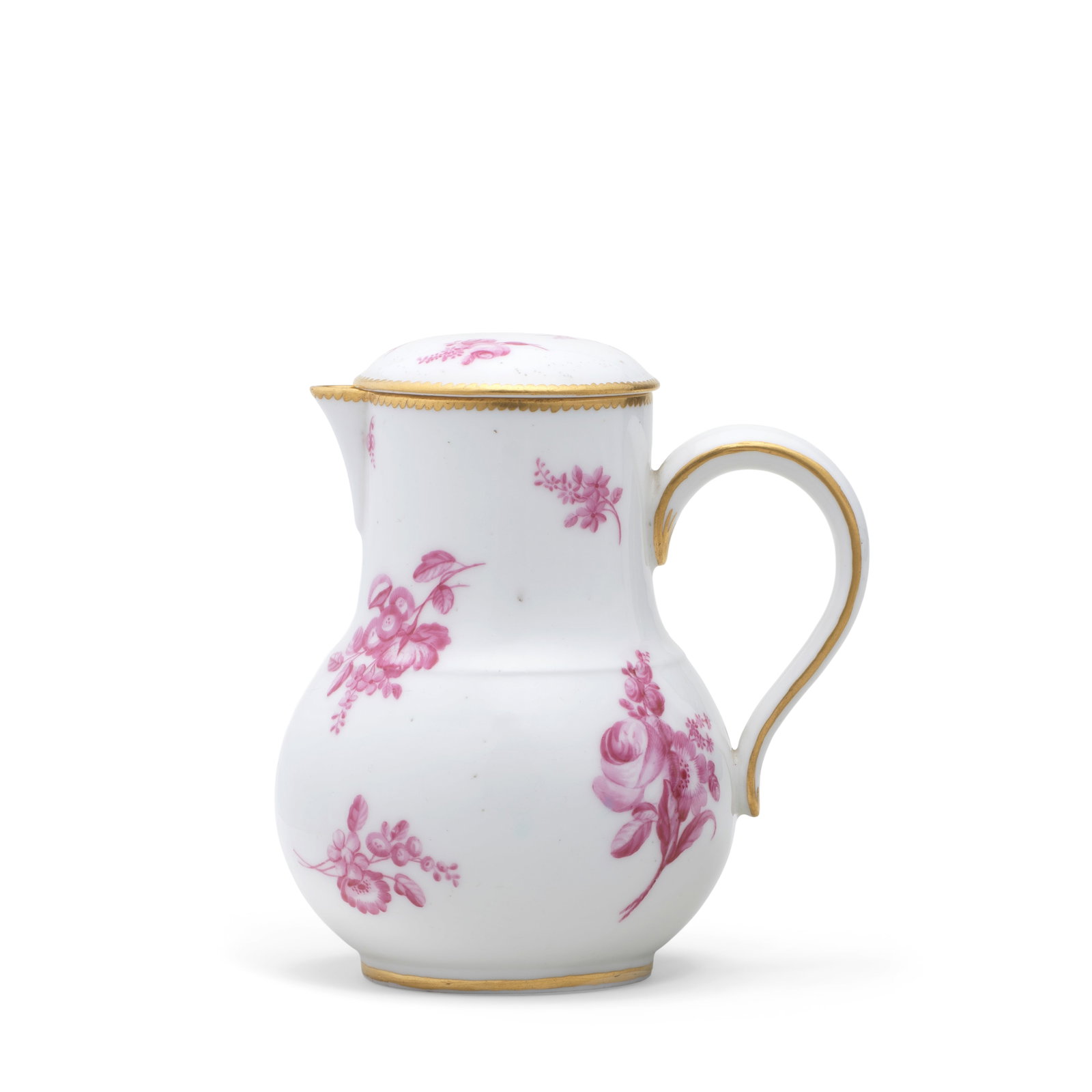 A Vincennes/Sèvres hot milk jug and cover (pot à lait), dated 1756: A Vincennes/Sèvres hot milk jug and cover (pot à lait), dated 1756 Painted in rose camaieu with scattered flower sprays, gilt dentil borders to the rims, 12.2cm high, interlaced LL monogram 