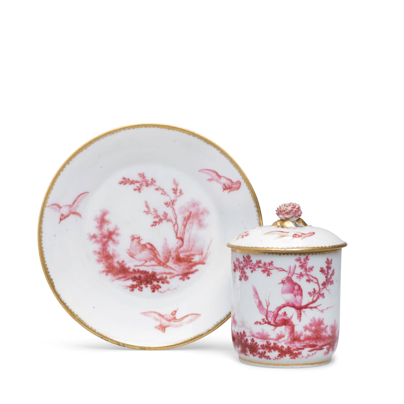 A Vincennes/Sèvres cup, cover and saucer (gobelet couvert et soucoupe, circa 1755-58: A Vincennes/Sèvres cup, cover and saucer (gobelet couvert et soucoupe, circa 1755-58 Of the first size, painted in pink camaieu with birds in landscapes and birds in flight, gilt dentil borders t