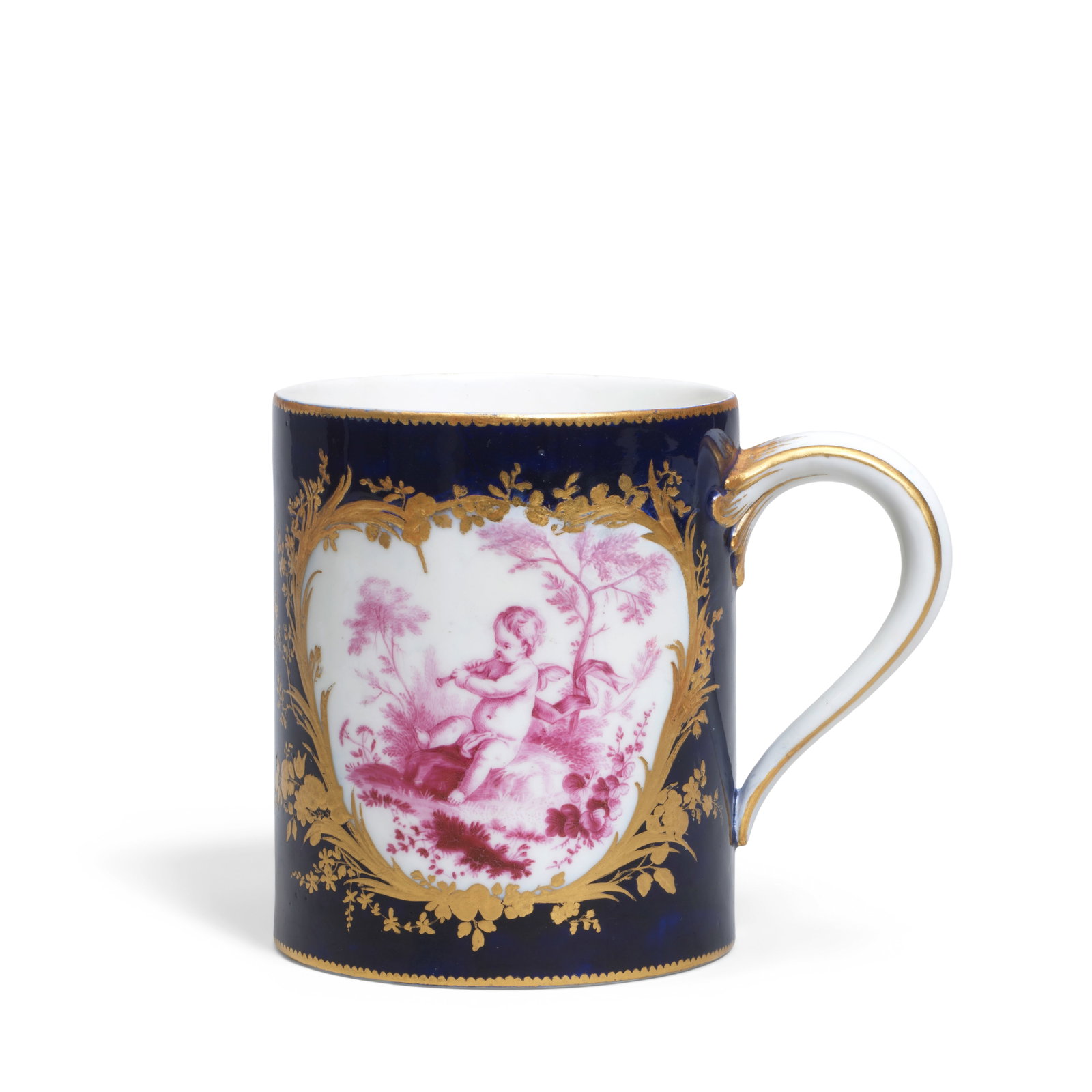 A large Vincennes blue-ground mug or tankard (pot à boire), dated 1754: A large Vincennes blue-ground mug or tankard (pot à boire), dated 1754 Painted by André-Vincent Vielliard (père) in puce camaieu with putti in landscapes within gilt foliate and floral 