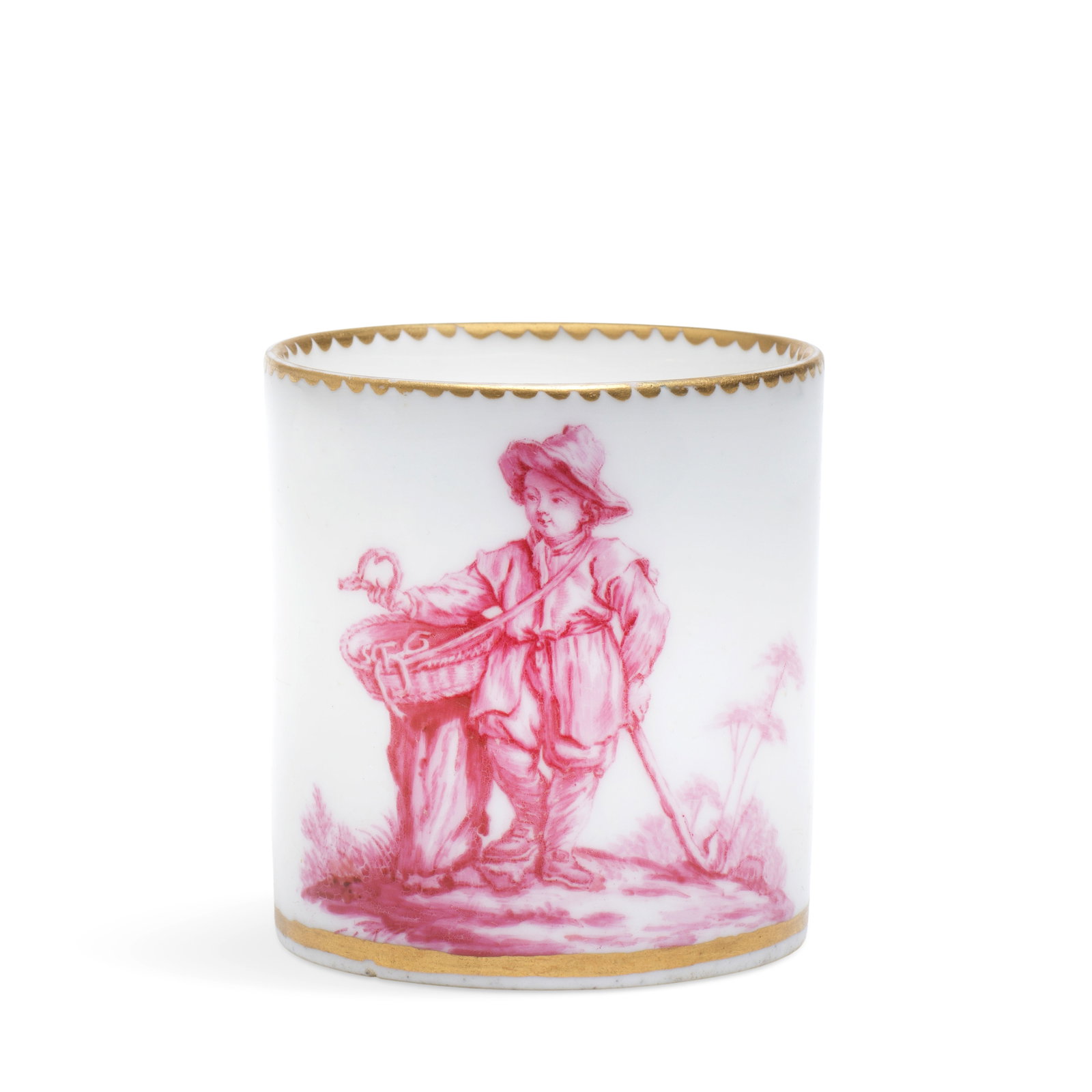 A documentary Sèvres cup (gobelet litron), dated 1769: A documentary Sèvres cup (gobelet litron), dated 1769 Of the third size, painted by Hileken, signed and dated on the underside, in rose camaieu with a landscape vignette depicting a child leaning