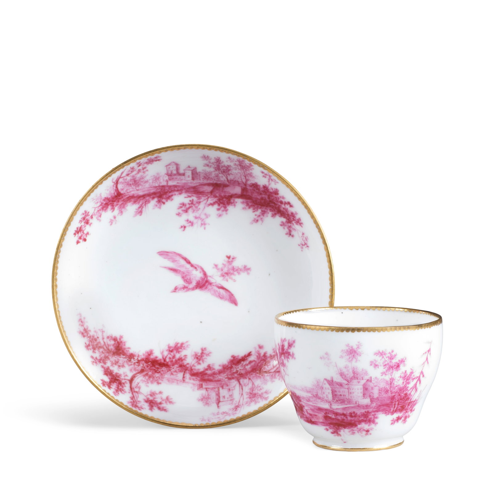 A Sèvres cup and saucer (gobelet Hébert et soucoupe), dated 1758: A Sèvres cup and saucer (gobelet Hébert et soucoupe), dated 1758 Of the third size, painted by Jean-Baptiste Petit (le jeune) in rose camaieu with landscape vignettes and birds in flight, gi