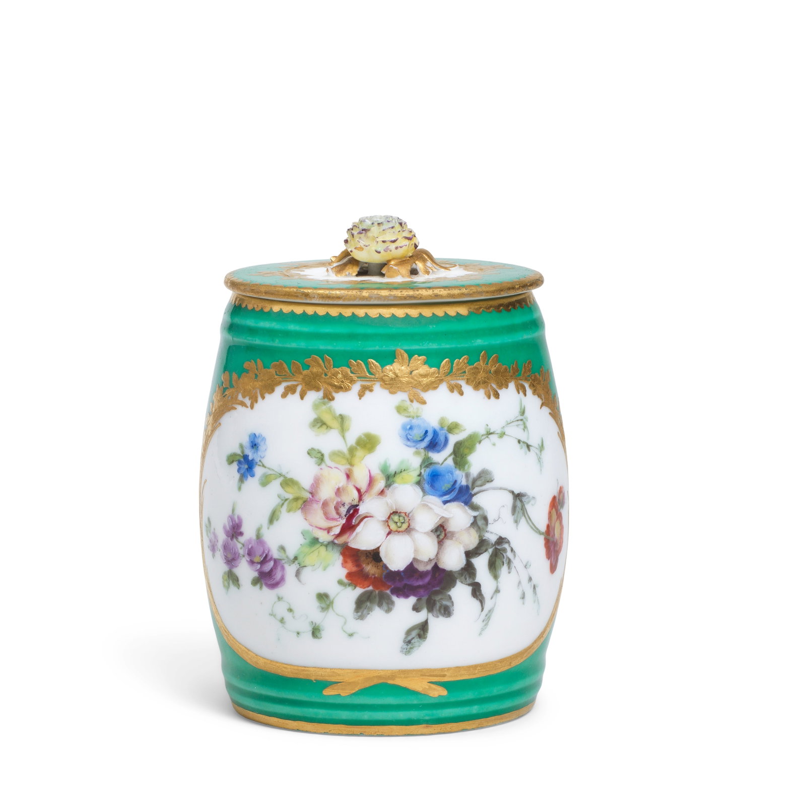 A Sèvres green-ground mustard pot and cover (moutardier ordinaire), dated 1763: A Sèvres green-ground mustard pot and cover (moutardier ordinaire), dated 1763 Finely painted by P.-N. Pithou (l'aîné) with a loose bouquet of flowers within a gilt floral and foliate s