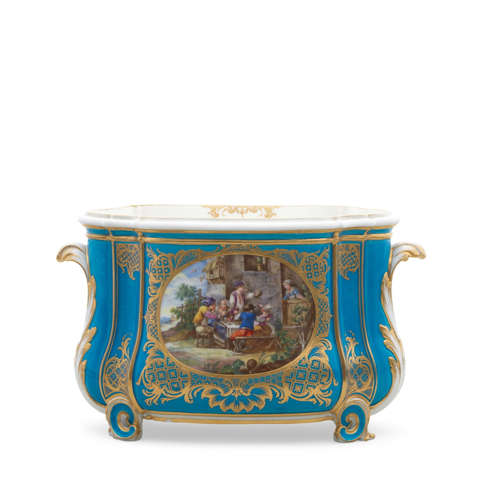 A Sèvres bleu-céleste ground flower vase (cuvette à fleurs Courteille), dated 1760: A Sèvres bleu-céleste ground flower vase (cuvette à fleurs Courteille), dated 1760 Of the second size, decorated by André-Vincent Vielliard (père) with an elaborate gilt scrol