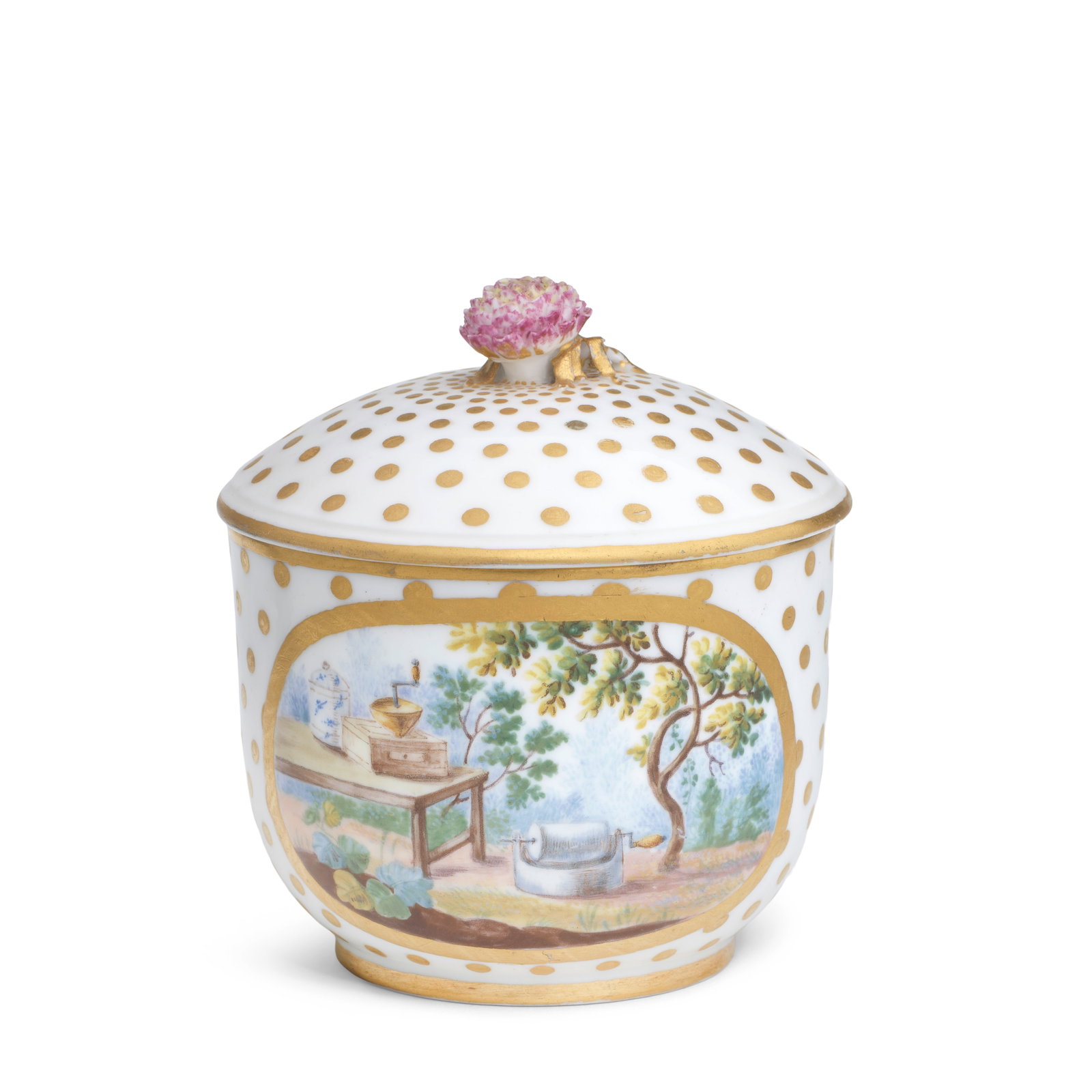 A Sèvres sugar bowl and cover (pot à sucre Calabre), dated 1767: A Sèvres sugar bowl and cover (pot à sucre Calabre), dated 1767 Of the first size, painted by André-Vincent Vielliard (père) with still life landscapes within gilt-edged panels, on