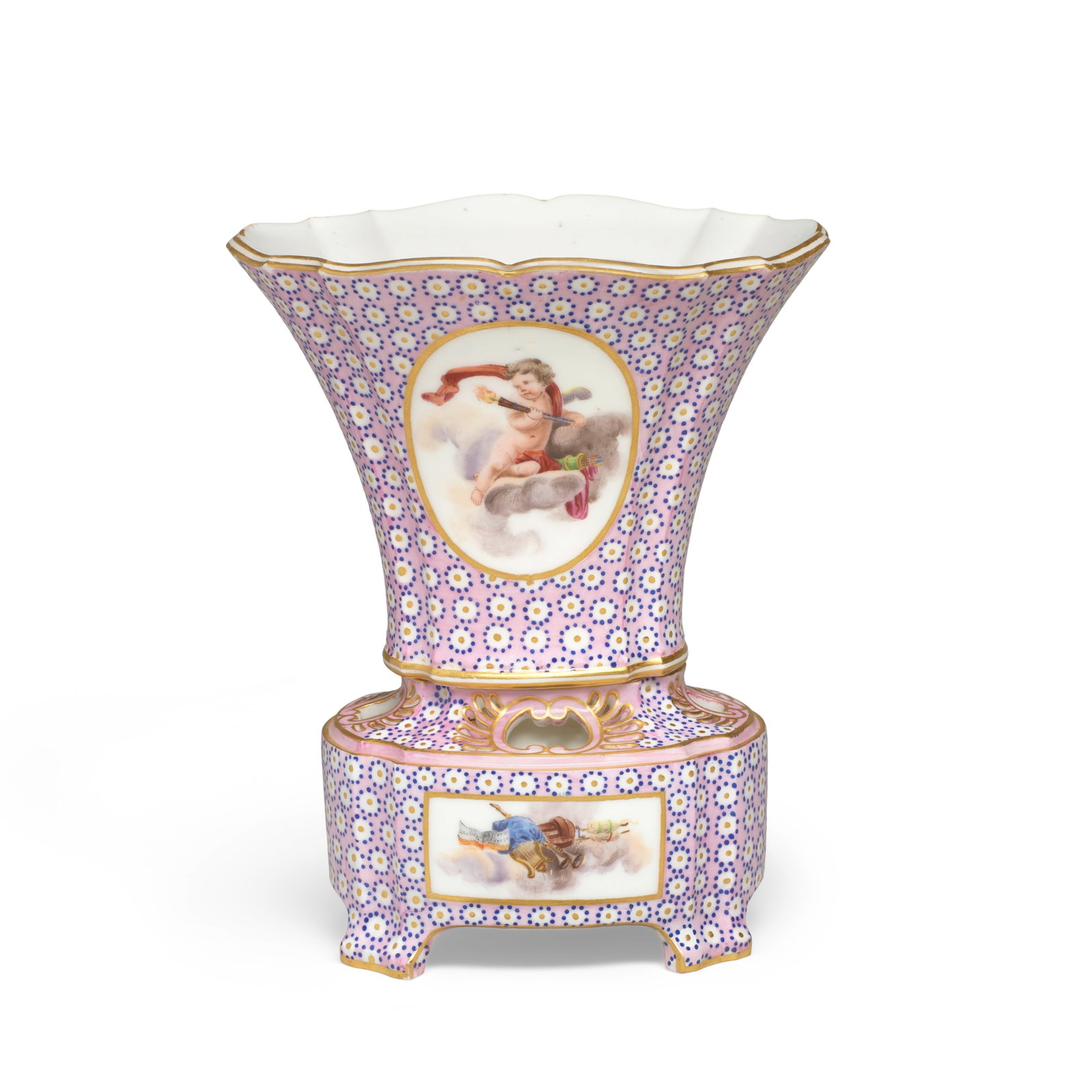 A Sèvres pale pink-ground bulb pot (vase hollandois), dated 1765: A Sèvres pale pink-ground bulb pot (vase hollandois), dated 1765 Painted with a dense pink ground with blue-bordered oeil de perdrix pattern centred around a gold dot, the vase itself with a roun