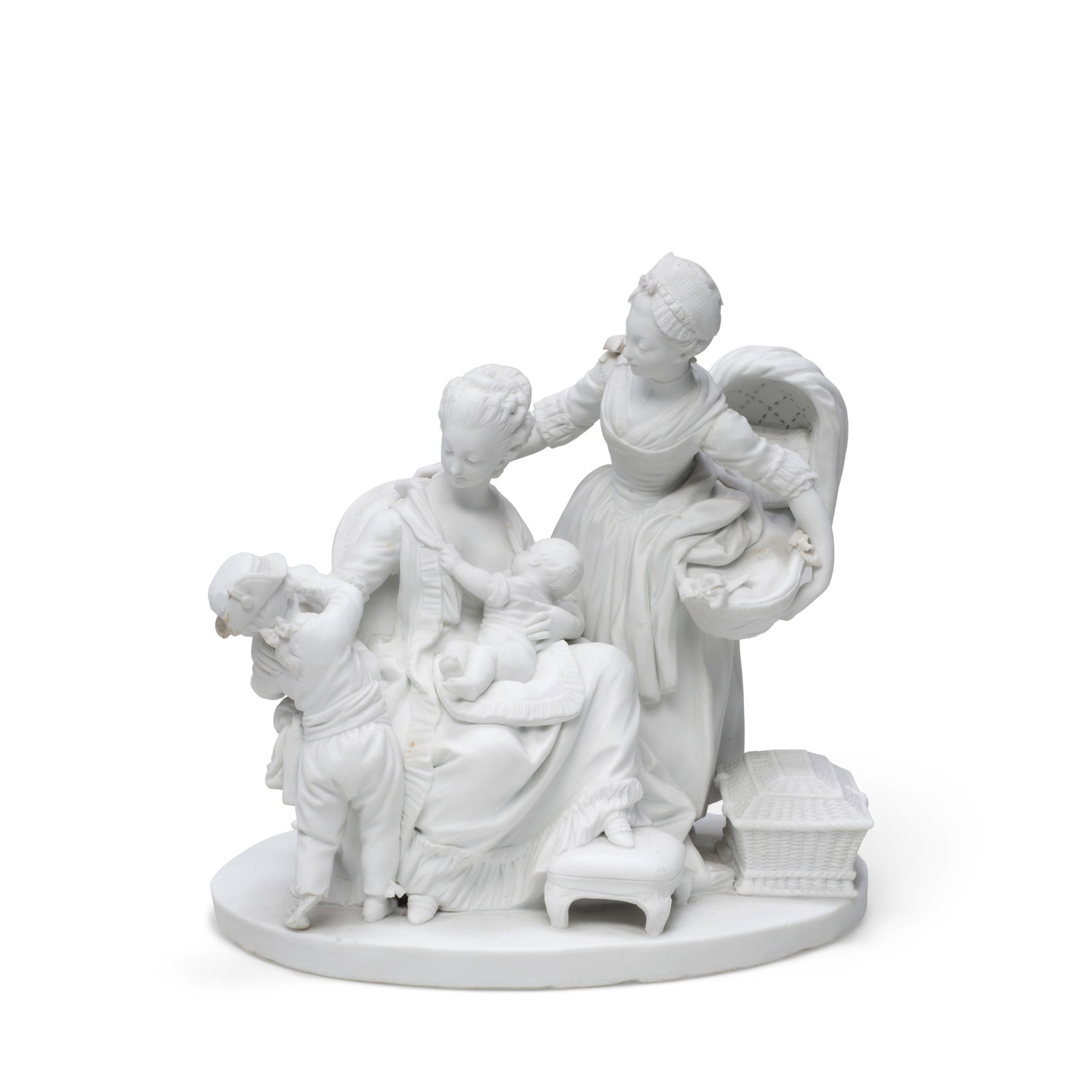 A Sèvres biscuit group of 'La Nourrice,' circa 1774: A Sèvres biscuit group of 'La Nourrice,' circa 1774 Modelled by Le Riche in hard-paste porcelain, depicting a mother nursing an infant, placing her arm on her young son's shoulder while her daugh