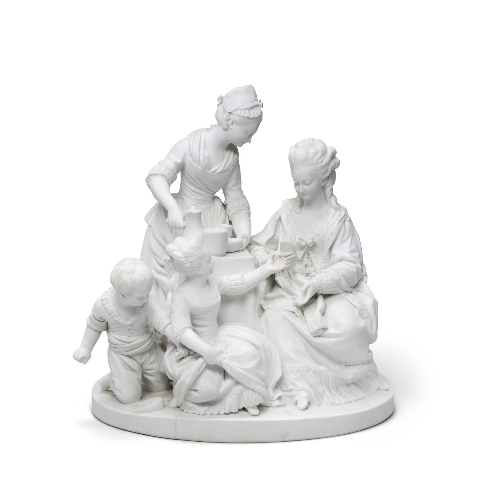 A Sèvres biscuit group of 'Le Déjeuner', circa 1770: A Sèvres biscuit group of 'Le Déjeuner', circa 1770 Modelled by Le Riche, a mother and her children taking hot chocolate, the maid pouring the beverage, looking over her shoulder at the smal