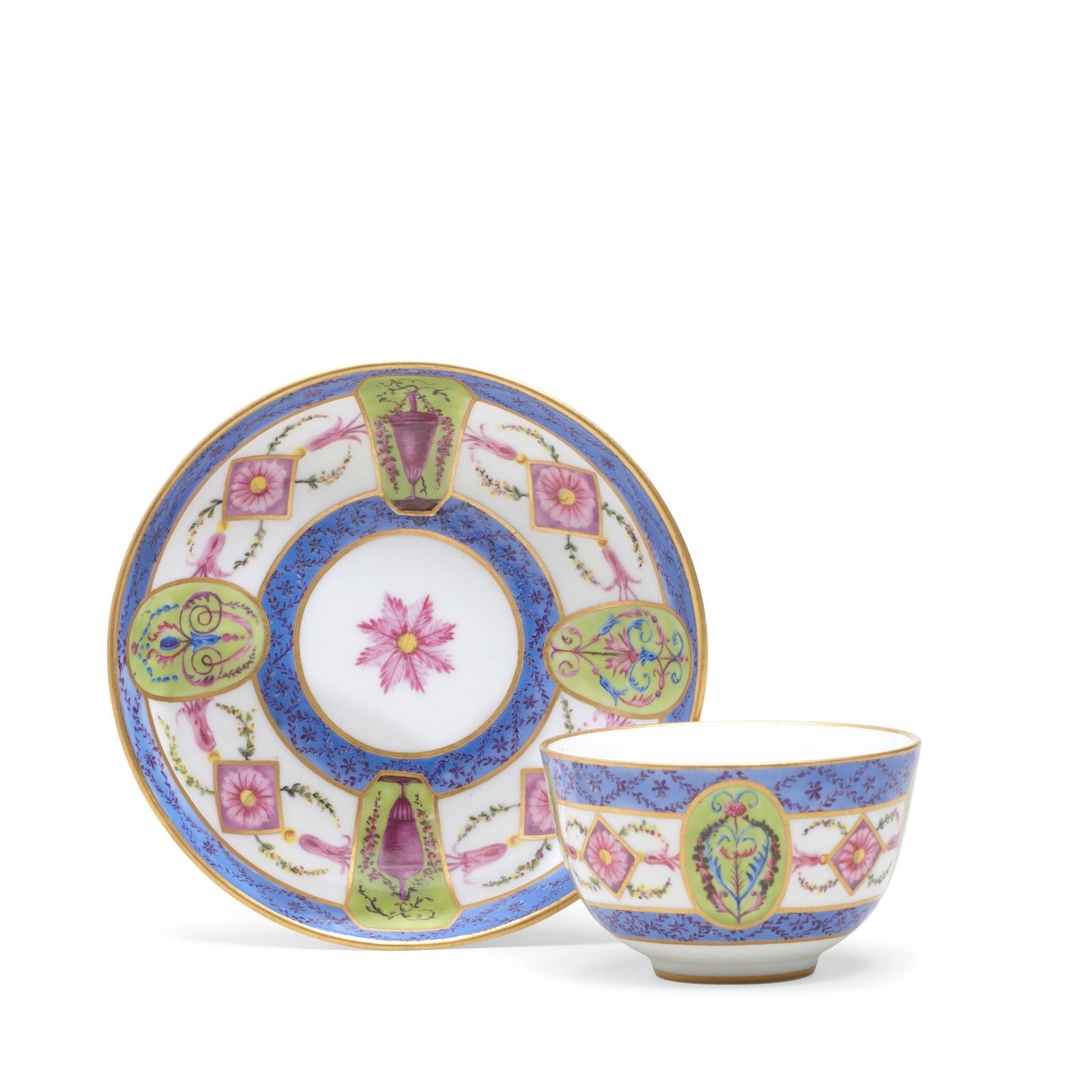 A Sèvres cup and saucer, dated 1790: A Sèvres cup and saucer, dated 1790 Painted by Nicolas Dutenda with green-ground panels enclosing urns and floral motifs flanked by flowerheads and floral swags, between blue-ground bands decorat