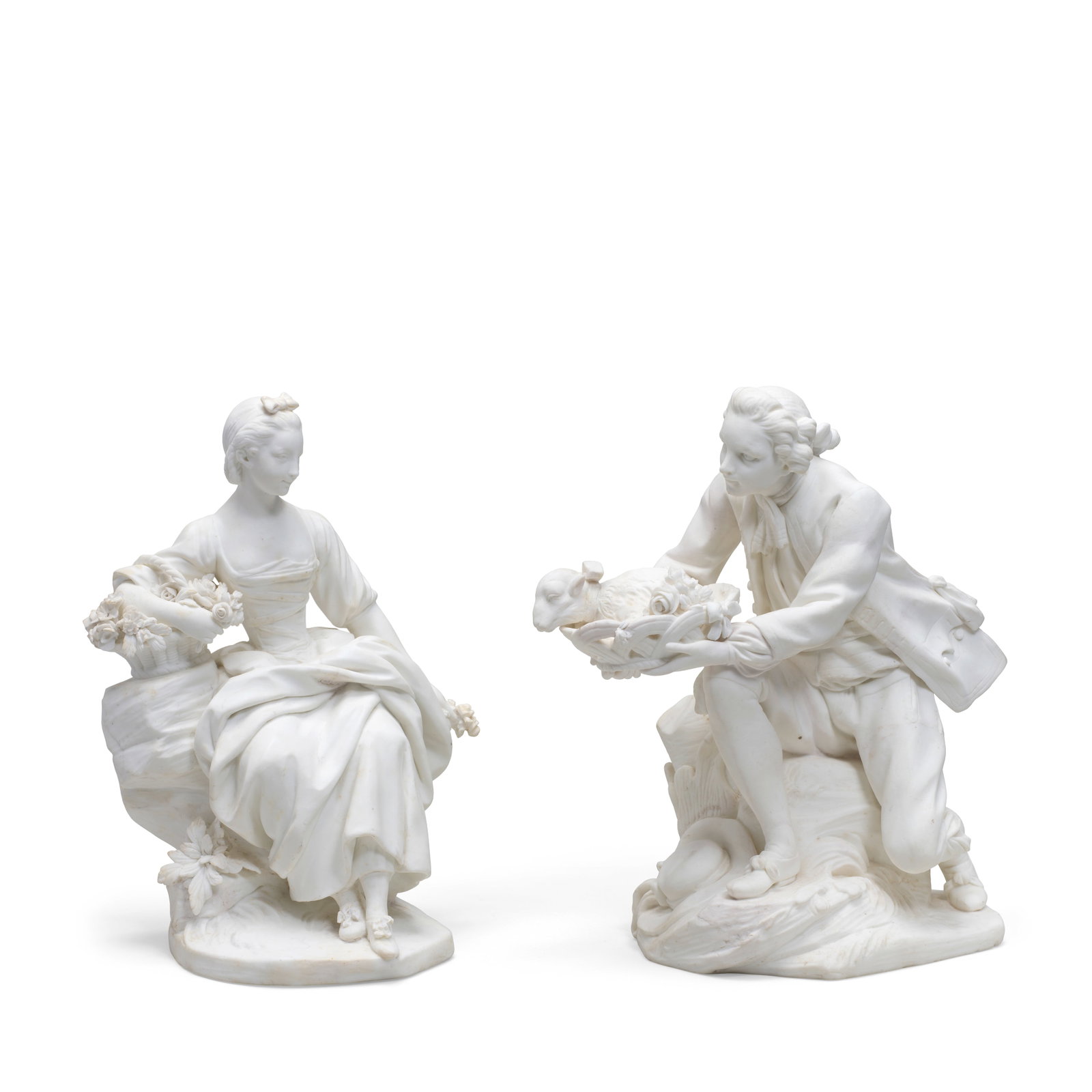 A pair of Sèvres biscuit groups of 'La Bergère Assise' and 'Le Porteur de Mouton', cir...: A pair of Sèvres biscuit groups of 'La Bergère Assise' and 'Le Porteur de Mouton', circa 1766-73 Probably modelled by Jean-Baptiste Defernex, after François Boucher, the female gardener
