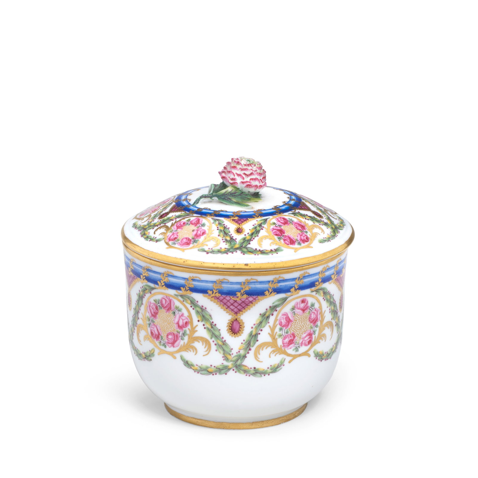 A Sèvres sugar bowl and cover (pot à sucre 'Calabre'), dated 1768: A Sèvres sugar bowl and cover (pot à sucre 'Calabre'), dated 1768 Of the first size, decorated with rose garlands surrounded by gilt scrolls and interlocking berried foliate garlands, under 