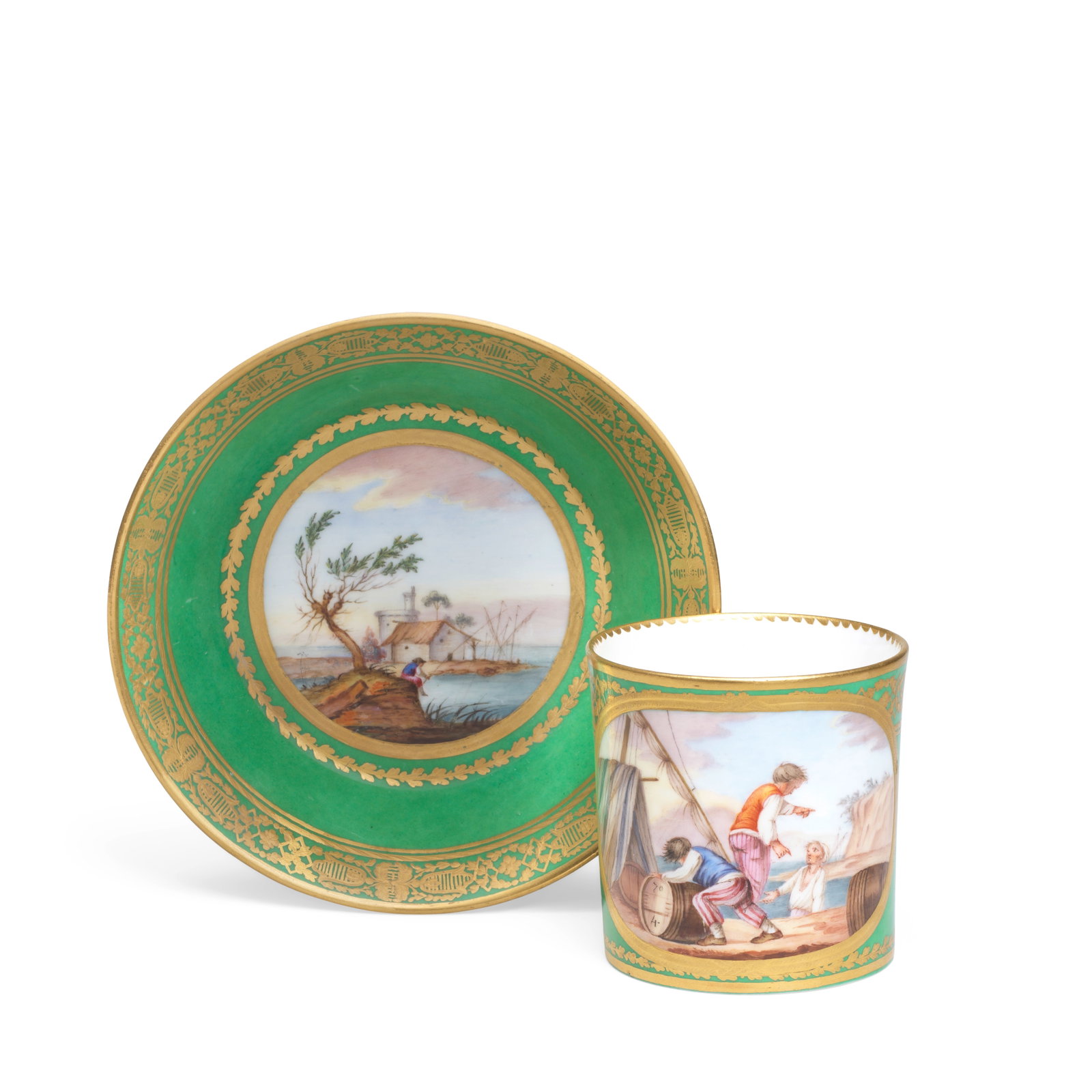 A large Sèvres green-ground cup and saucer (gobelet litron et soucoupe), dated 1781: A large Sèvres green-ground cup and saucer (gobelet litron et soucoupe), dated 1781 Of the first size, painted by Jean-Louis Morin with a marine scene depicting figures loading cargo, the saucer 