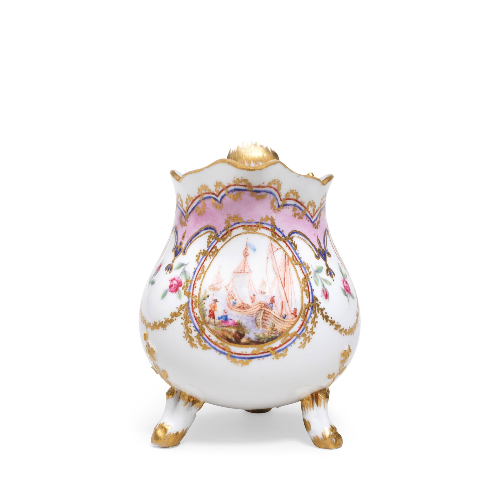 A Sèvres milk jug (pot à lait à trois pieds), circa 1780: A Sèvres milk jug (pot à lait à trois pieds), circa 1780 Of the first size, painted by André-Vincent Vielliard (père), with a circular cartouche enclosing a figural shipping s