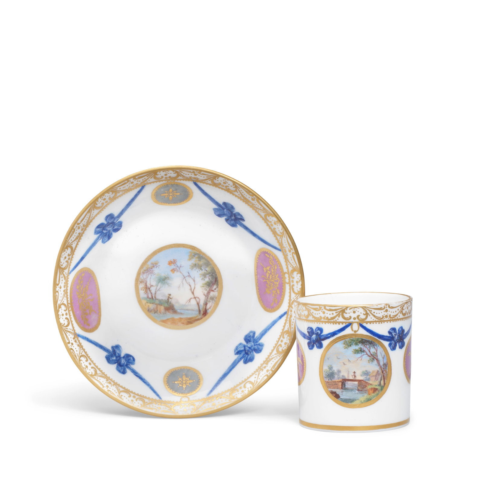 A Sèvres cup and saucer (gobelet litron et soucoupe), circa 1780: A Sèvres cup and saucer (gobelet litron et soucoupe), circa 1780 Of the third size, painted by Jacques-François-Louis de Laroche and Jean Bouchet, the cup with a gilt-edged circular panel en
