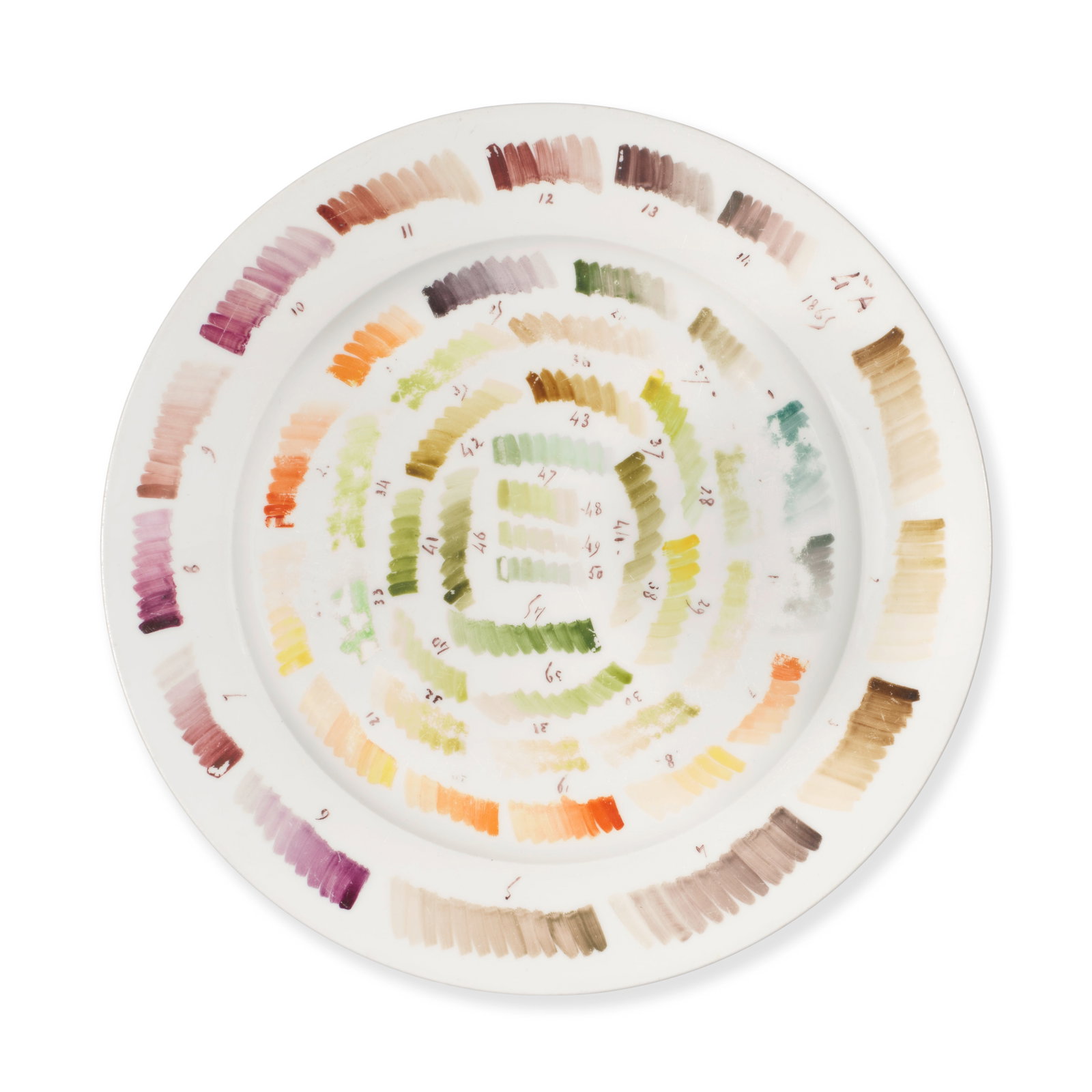 A Sèvres hard-paste porcelain trial plate, dated 1865: A Sèvres hard-paste porcelain trial plate, dated 1865 Painted with assorted colour swatches in various strengths, each numbered in brown, the top of the plate with 4'''A and date 1865 in brown, 2