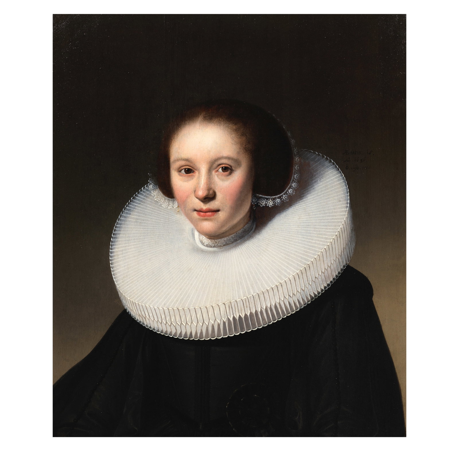 Jacob Gerritsz. Cuyp (Dordrecht 1594-circa 1651) Portrait of a young woman, half-length, in blac...: Jacob Gerritsz. Cuyp (Dordrecht 1594-circa 1651) Portrait of a young woman, half-length, in black costume with a white ruff signed, dated and inscribed 'AEtatis.18/ Ao. 1636/ jG cuyp. Fecit' (upper ri